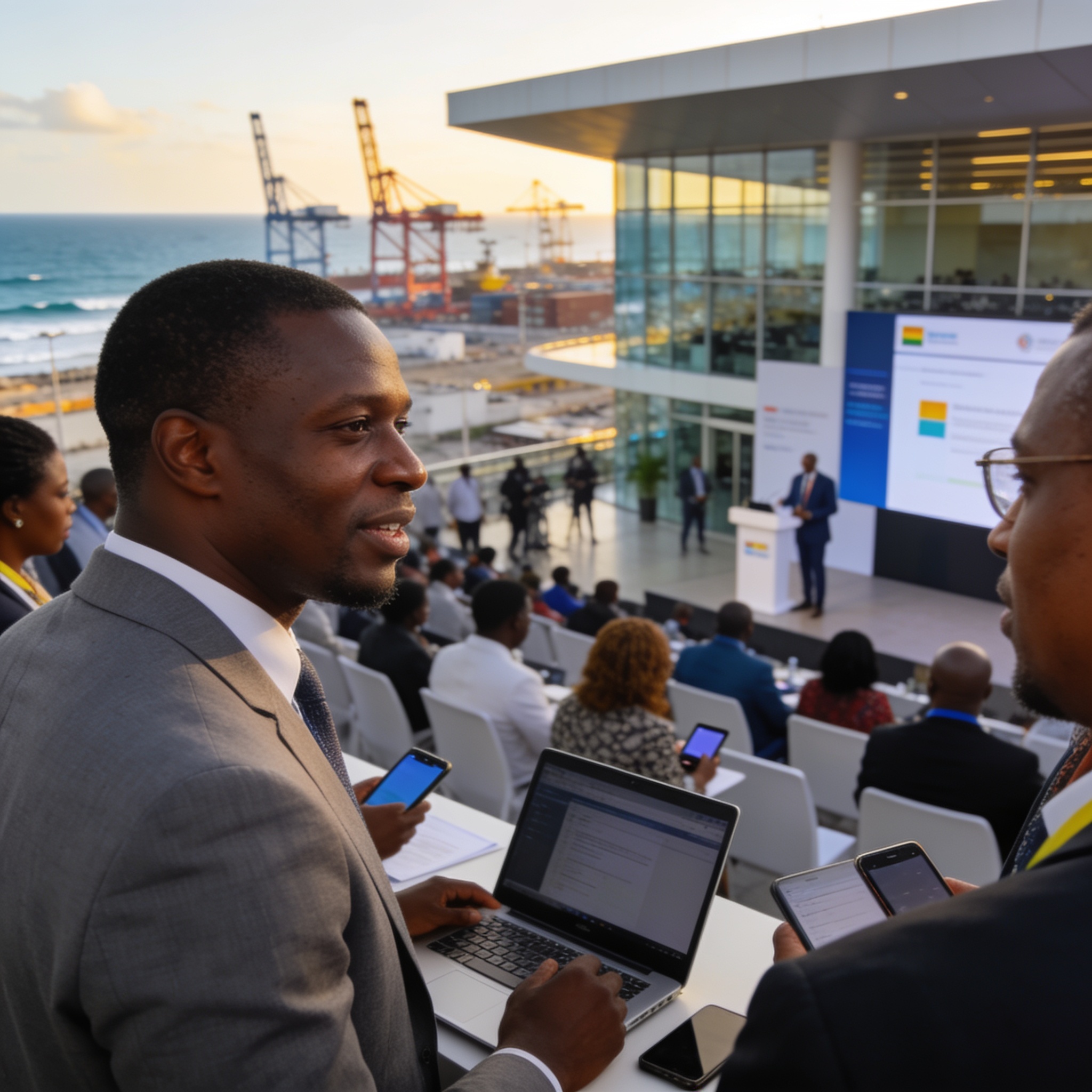 Create an editorial news illustration for an article about '4ème édition du Forum Vox Eco : Pointe-Noire affirme son ambition de hub compétitif'. The specific country is Republique of Congo (Brazzaville) (CG); make visual cues accurate to this exact