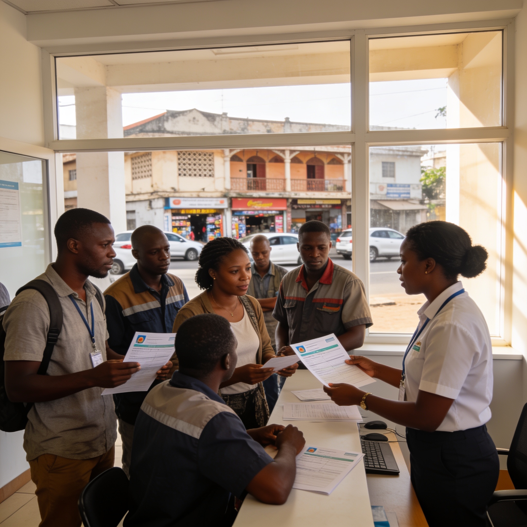 Create an editorial news illustration for an article about 'Adhésion à la mutuelle de santé MTC : un appel pressant aux travailleurs congolais'. The specific country is Republique of Congo (Brazzaville) (CG); make visual cues accurate to this exact c