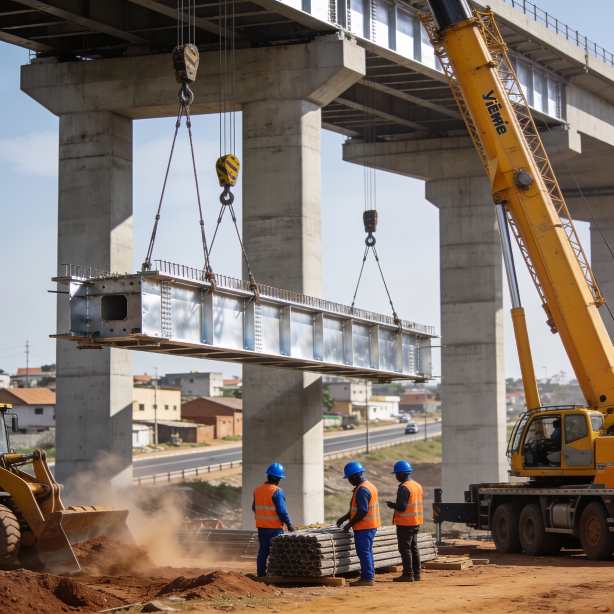 Create an editorial news illustration for an article about "Aménagement du pont de la Tsiémé : le point sur l'avancement des travaux". The specific country is Republique of Congo (Brazzaville) (CG); make visual cues accurate to this exact country and