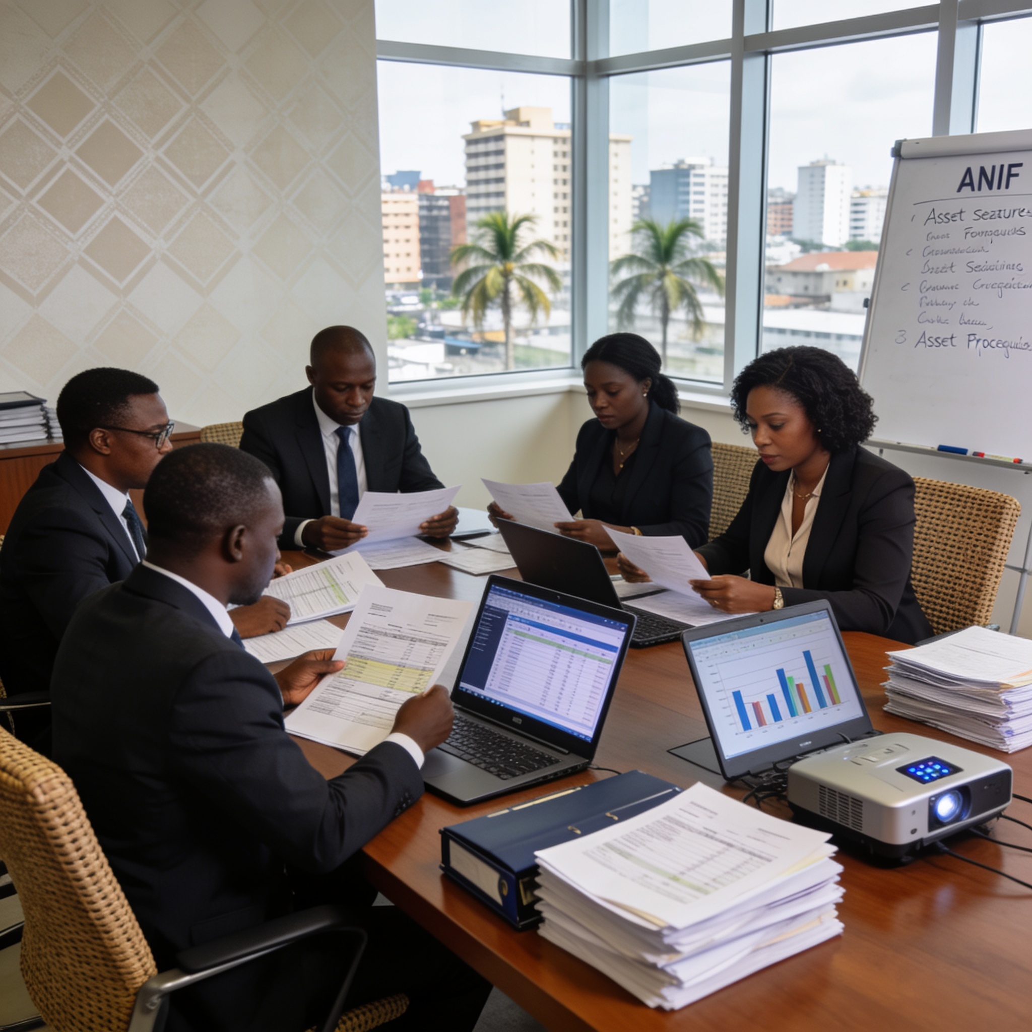 Create an editorial news illustration for an article about 'ANIF : saisie des fortunes illicites au cœur d’une formation'. The specific country is Republique of Congo (Brazzaville) (CG); make visual cues accurate to this exact country and avoid flags