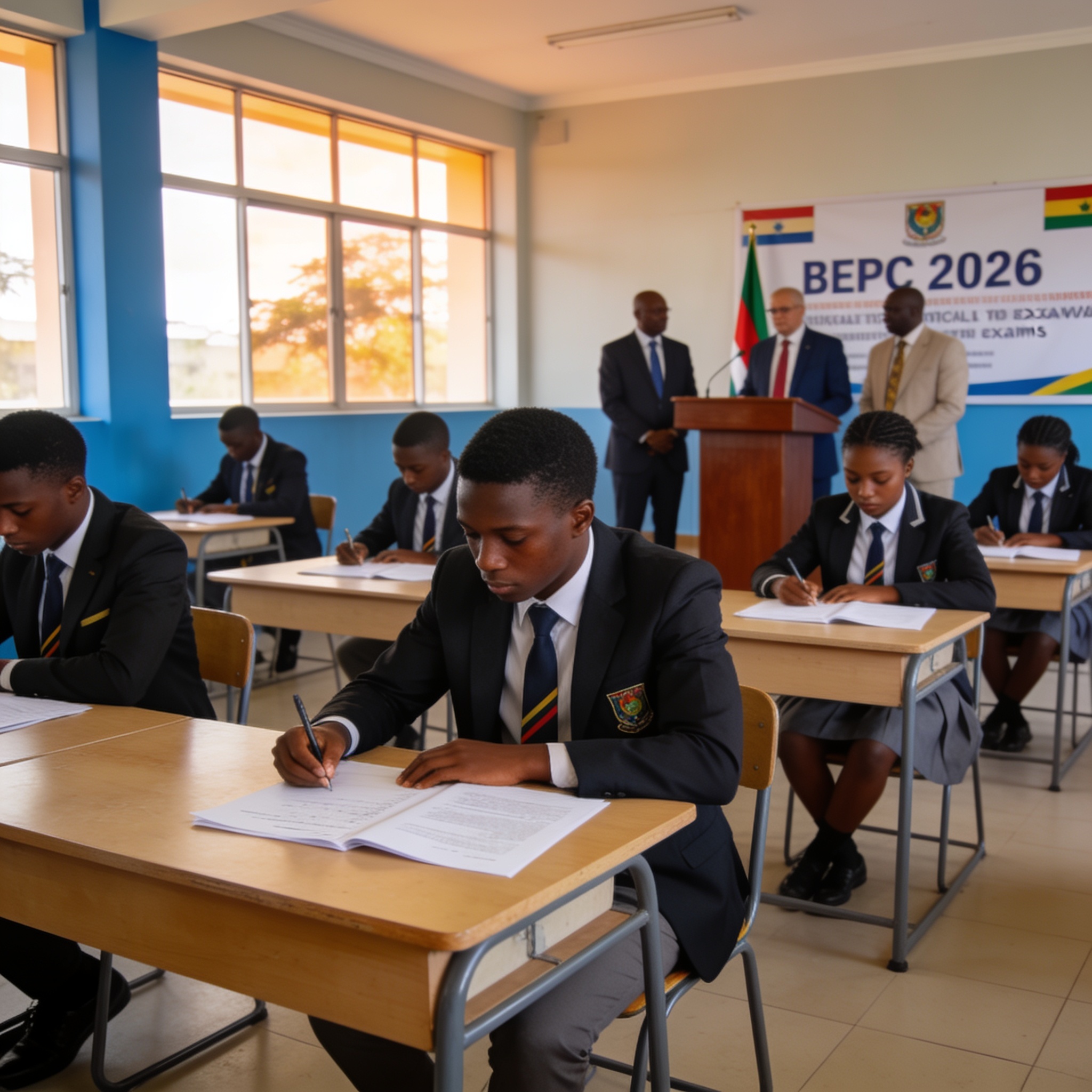 Create an editorial news illustration for an article about 'BEPC 2026 : lancement officiel des épreuves dans le calme et la sérénité'. The specific country is Republique of Congo (Brazzaville) (CG); make visual cues accurate to this exact country and
