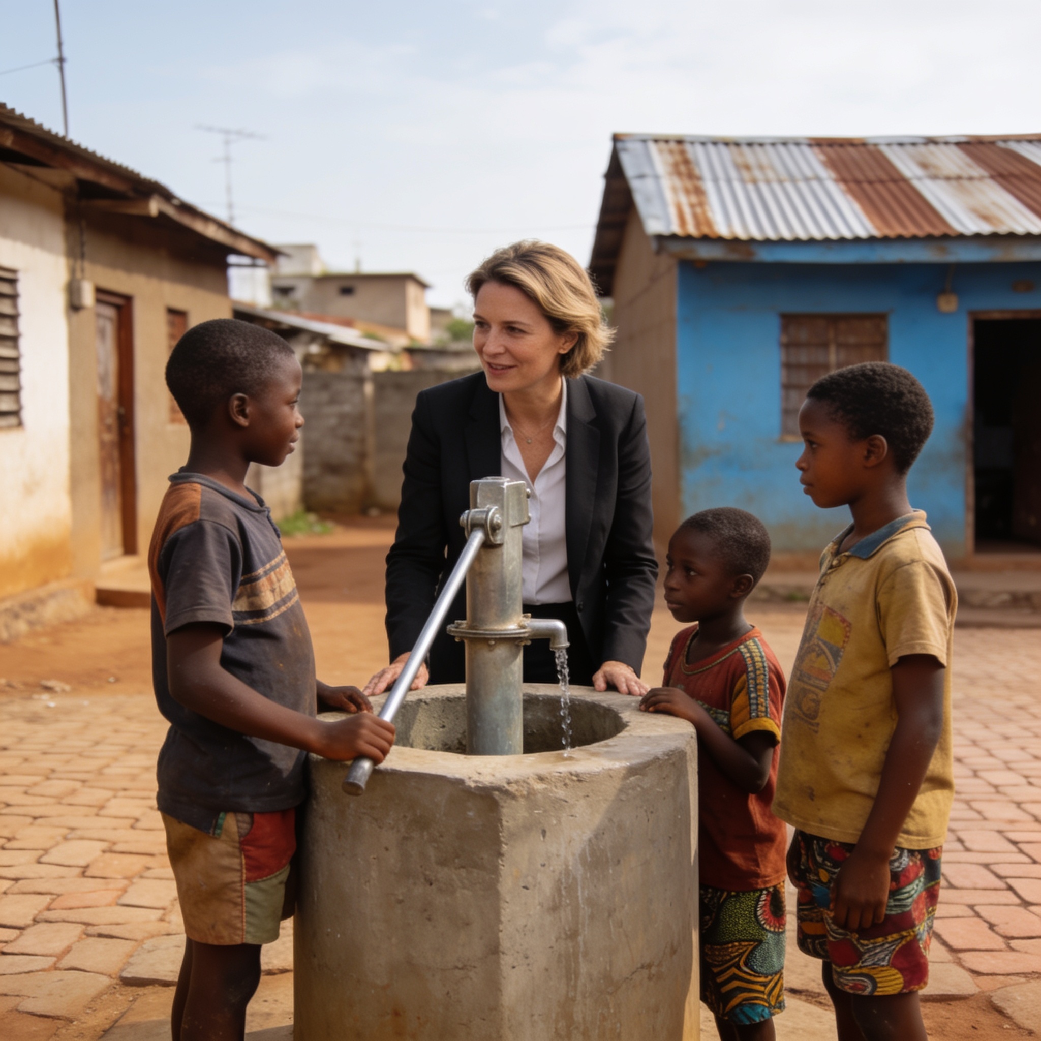 Create an editorial news illustration for an article about 'Brazzaville : Lydie Pongault lance un forage au Cirev pour garantir l’accès à l’eau des enfants vulnérables'. The specific country is Republique of Congo (Brazzaville) (CG); make visual cues