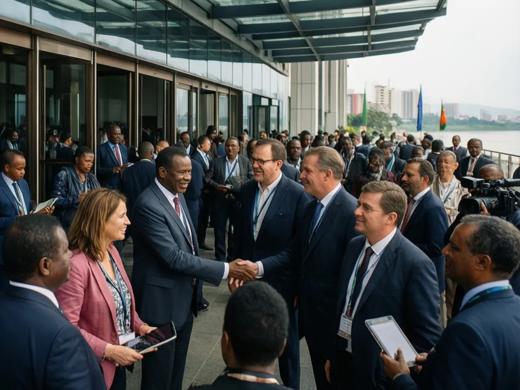 Create an editorial news illustration for an article about 'Brazzaville ouvre ses portes au 7e Forum international des entreprises francophones'. The specific country is Republic of Congo (Brazzaville) (CG); make visual cues accurate to this exact co