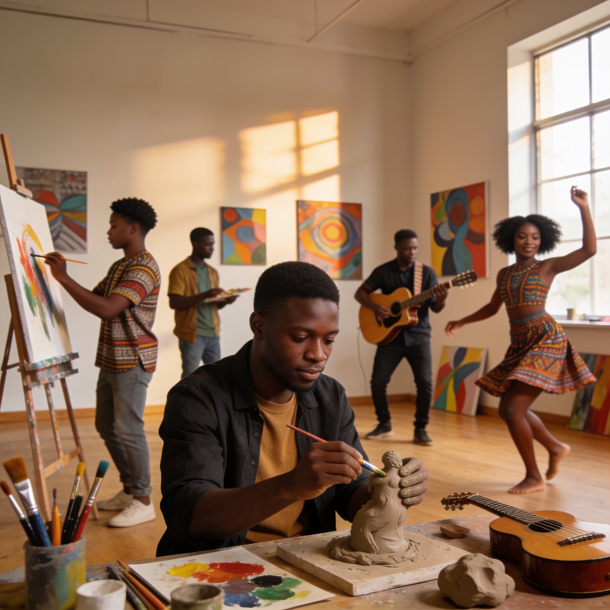 Create an editorial news illustration for an article about "Congo-Brazzaville : La semaine HSE de l'ENI célèbre l'art et la créativité". The specific country is Republique of Congo (Brazzaville) (CG); make visual cues accurate to this exact country a