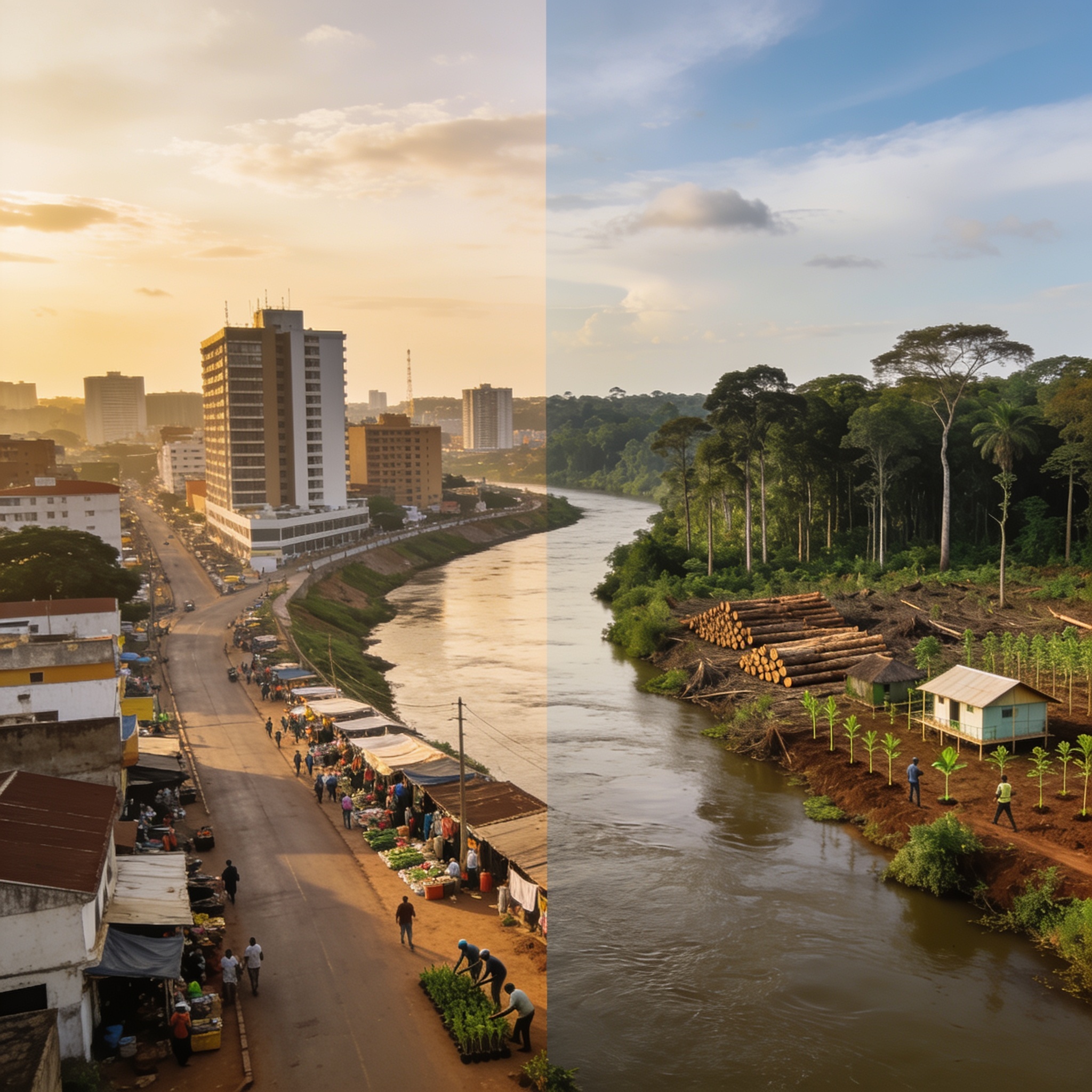 Create an editorial news illustration for an article about 'Congo : entre relance économique et protection des forêts, les actualités qui marquent ce 30 juin'. The specific country is Republique of Congo (Brazzaville) (CG); make visual cues accurate
