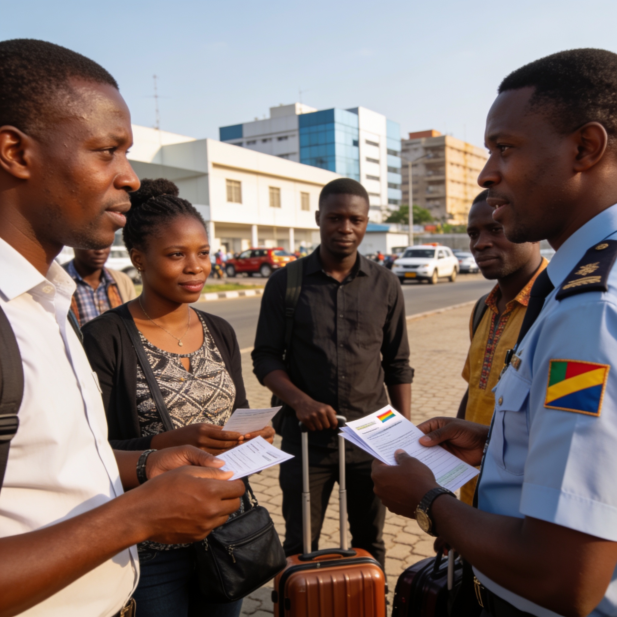 Create an editorial news illustration for an article about 'Congo : Face aux menaces xénophobes en Afrique du Sud, le gouvernement organise le rapatriement volontaire'. The specific country is Republique of Congo (Brazzaville) (CG); make visual cues