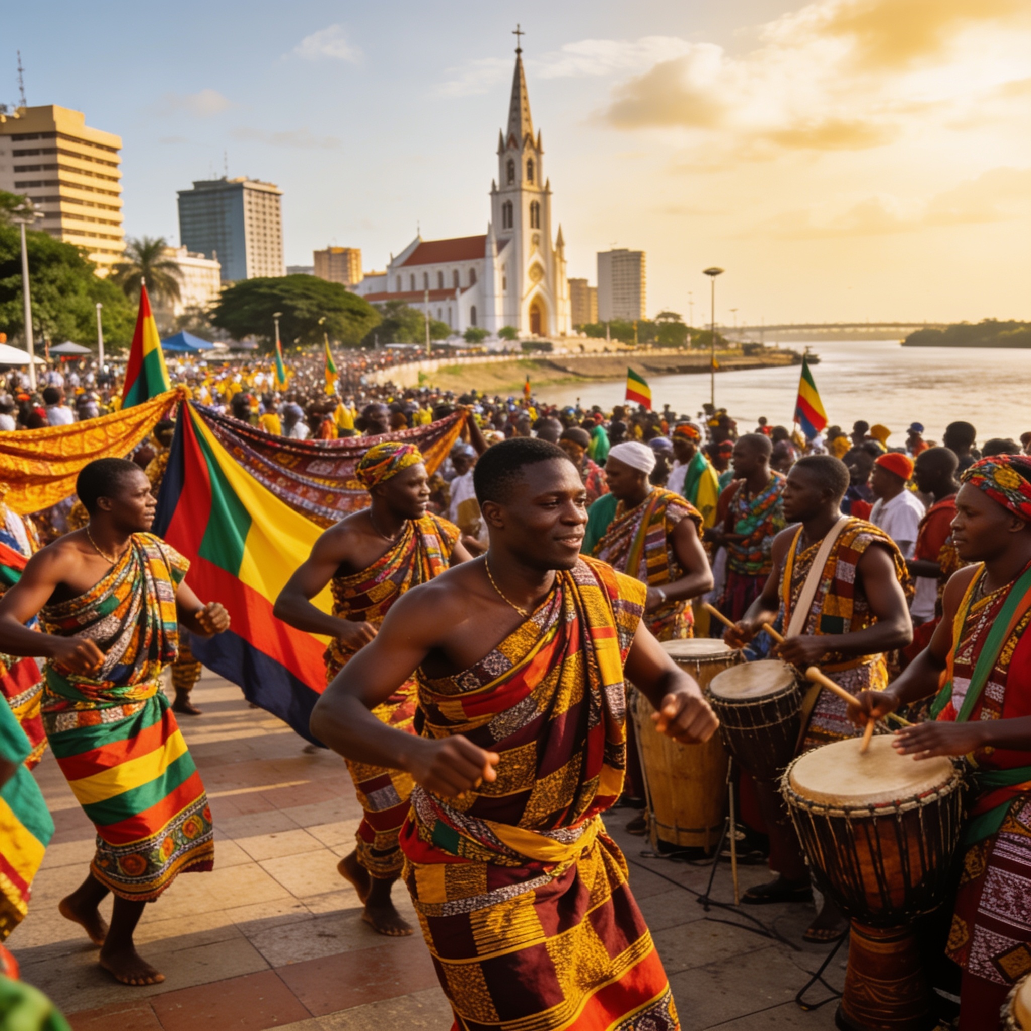 Create an editorial news illustration for an article about 'Congo : le 35e anniversaire de la Concorde nationale célébré dans l’unité à travers le pays'. The specific country is Republique of Congo (Brazzaville) (CG); make visual cues accurate to thi
