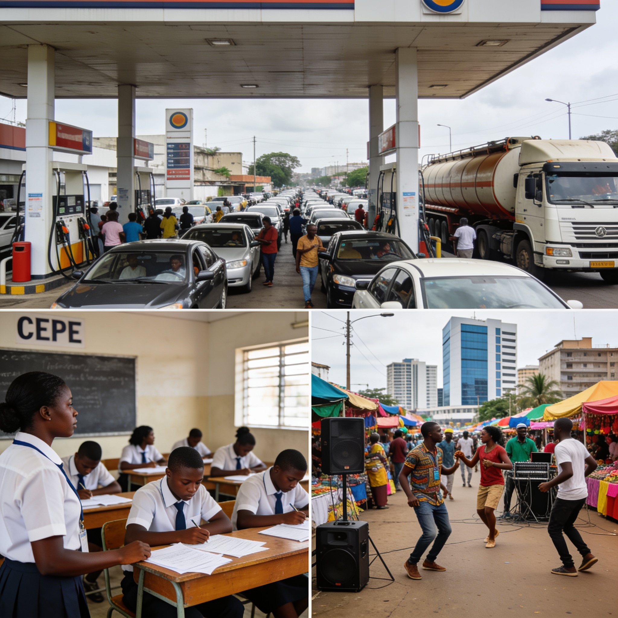 Create an editorial news illustration for an article about "Congo : Pénurie de carburant, examens du CEPE et festival à Pointe-Noire – L'actualité de ce 12 juin 2026". The specific country is Republique of Congo (Brazzaville) (CG); make visual cues a