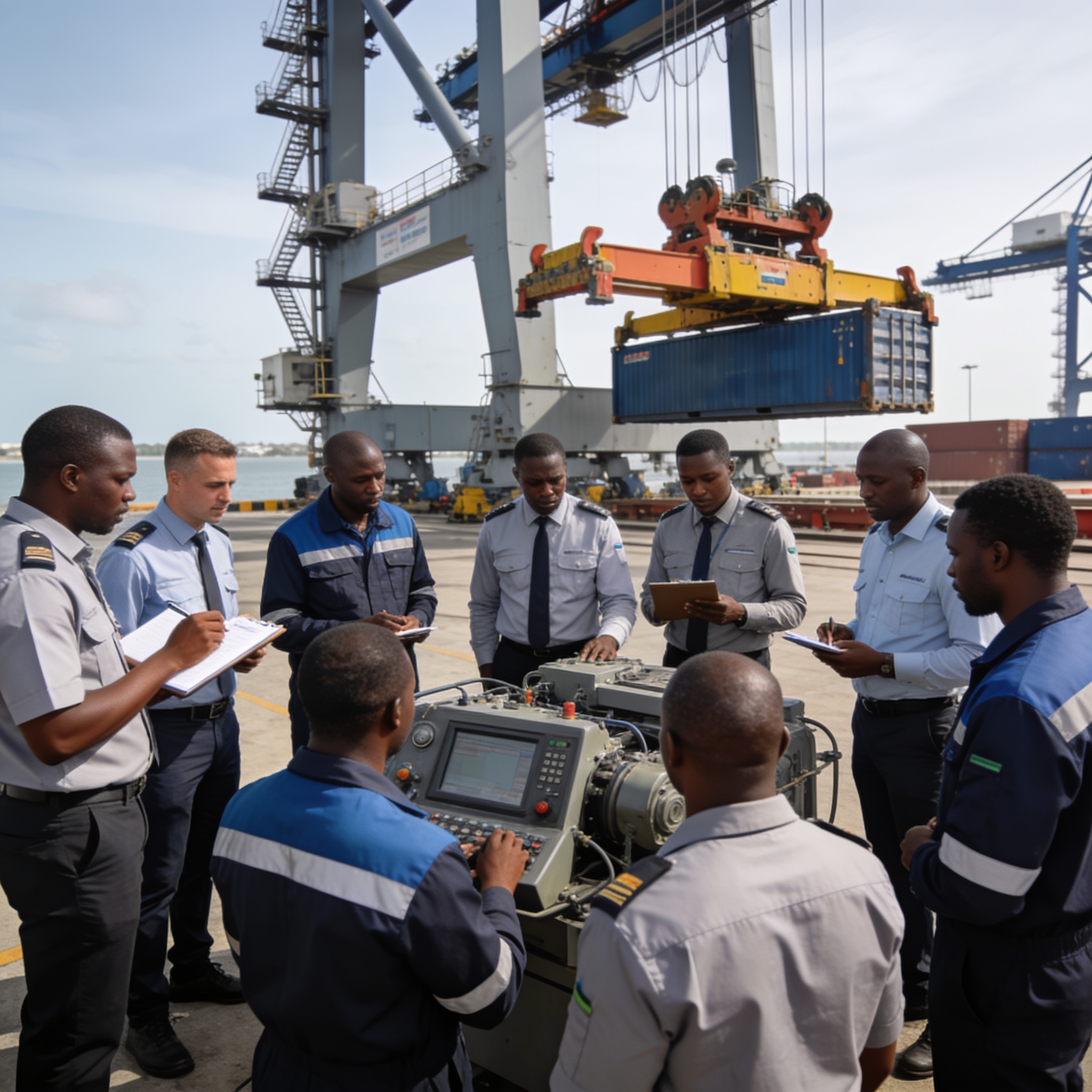 Create an editorial news illustration for an article about 'Congo Terminal forme 9 formateurs pour renforcer l’expertise sur ses engins portuaires'. The specific country is Republique of Congo (Brazzaville) (CG); make visual cues accurate to this exa