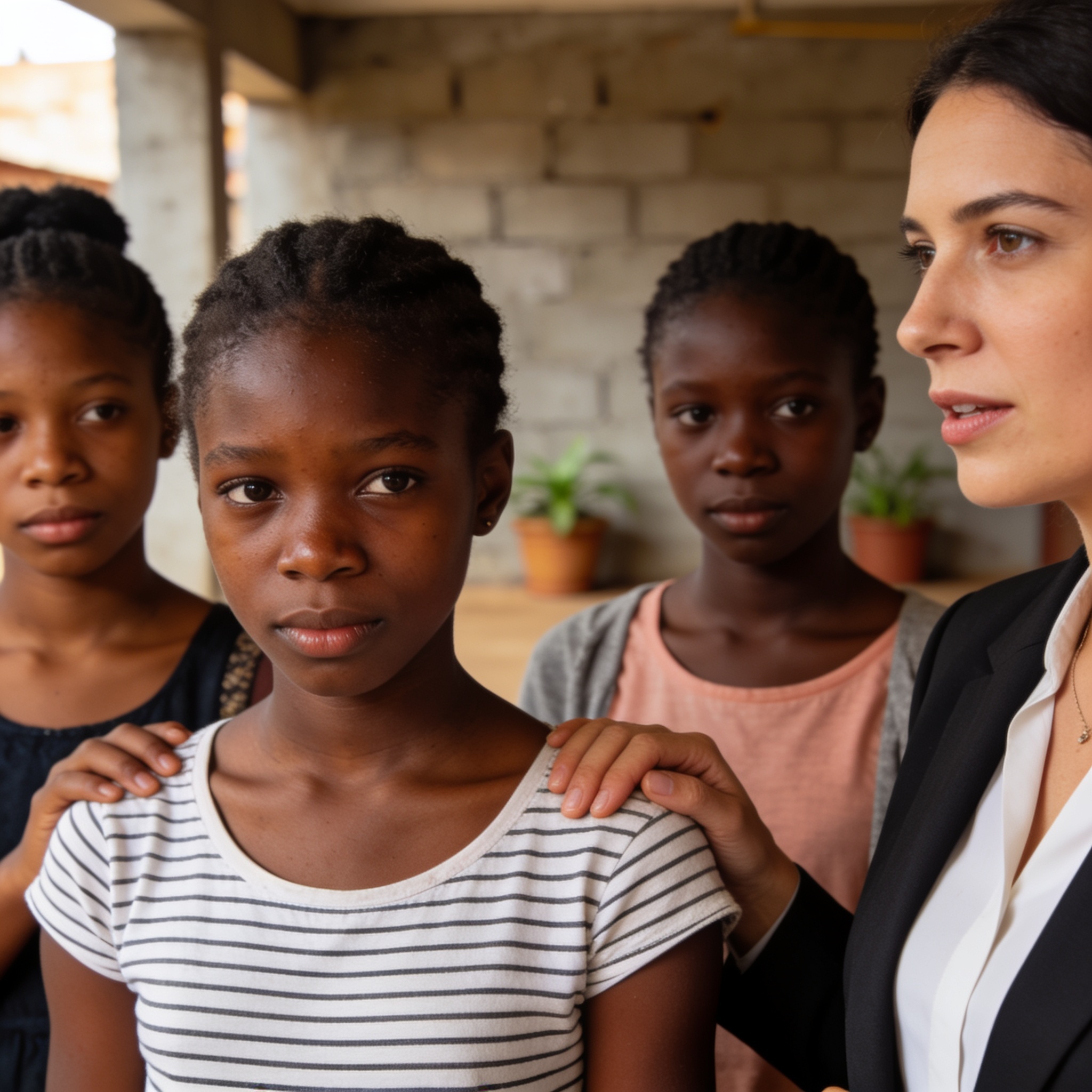 Create an editorial news illustration for an article about 'Congo : Un plaidoyer renforcé pour protéger les jeunes filles contre les agressions sexuelles'. The specific country is Republique of Congo (Brazzaville) (CG); make visual cues accurate to t