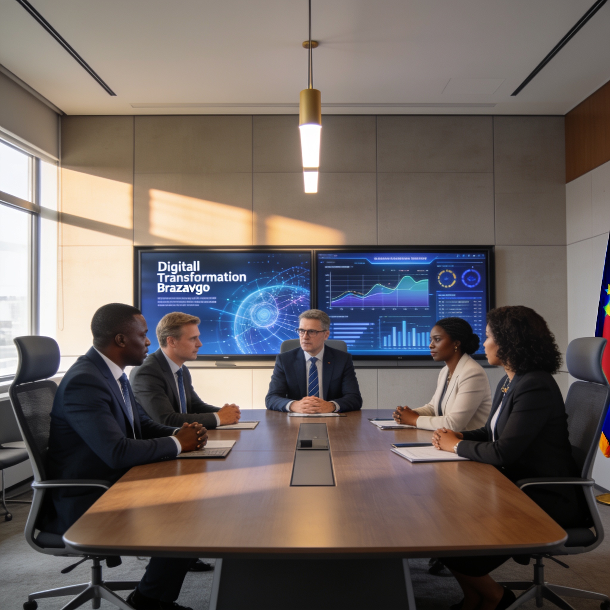 Create an editorial news illustration for an article about 'Congo – Union européenne : La transformation numérique au cœur des discussions stratégiques'. The specific country is Republique of Congo (Brazzaville) (CG); make visual cues accurate to thi