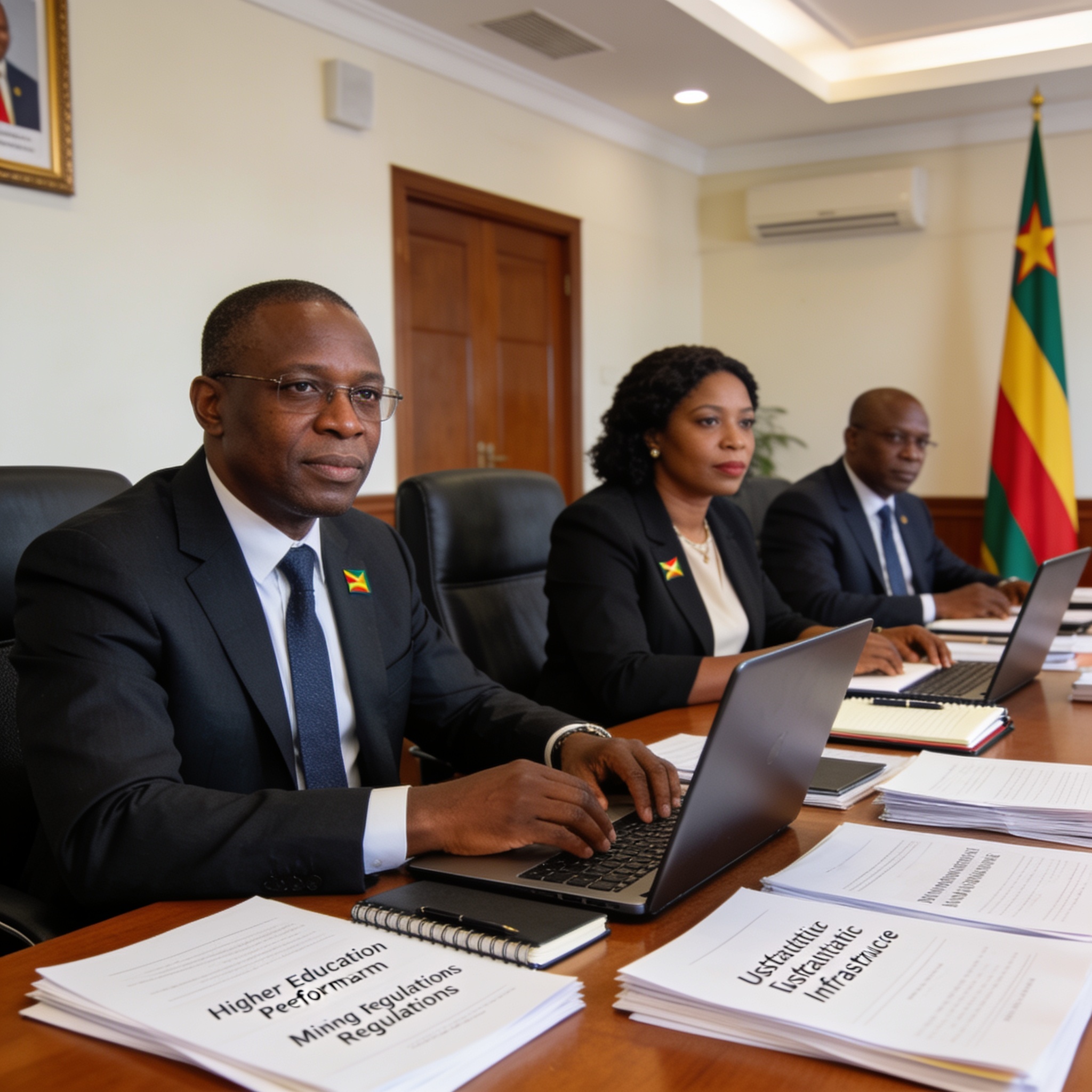 Create an editorial news illustration for an article about 'Conseil des ministres du 18 juin 2026 : décisions clés pour l’enseignement supérieur, l’exploitation minière et l’assainissement'. The specific country is Republique of Congo (Brazzaville) (
