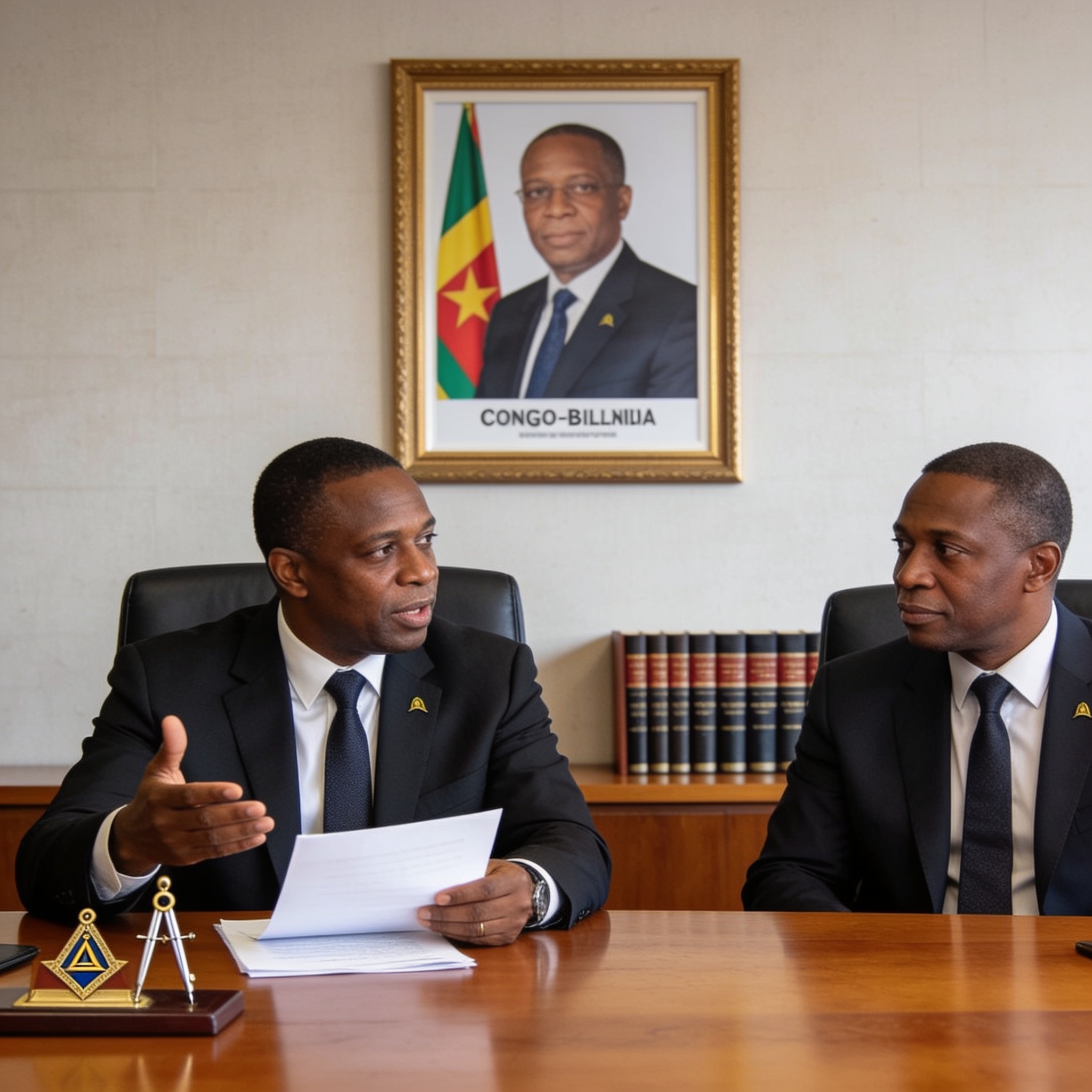 Create an editorial news illustration for an article about 'Destitution de Jean-Dominique Okemba : Denis Sassou Nguesso coupe-t-il les ponts avec la franc-maçonnerie congolaise ?'. The specific country is Republique of Congo (Brazzaville) (CG); make