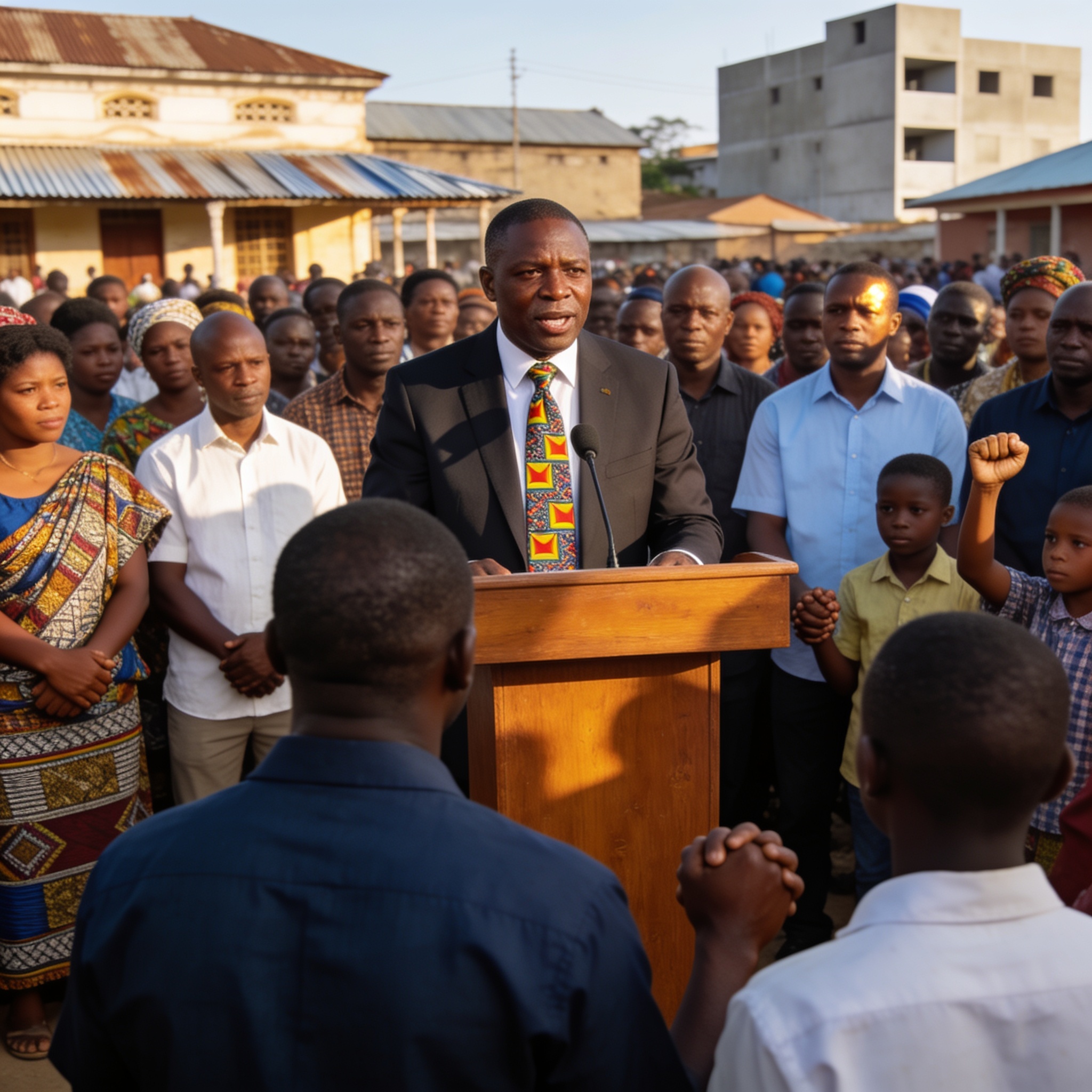 Create an editorial news illustration for an article about 'Dolisie : Le commissaire Marius Mouabenga appelle à l’unité lors de la Journée de la concorde nationale'. The specific country is Republique of Congo (Brazzaville) (CG); make visual cues acc