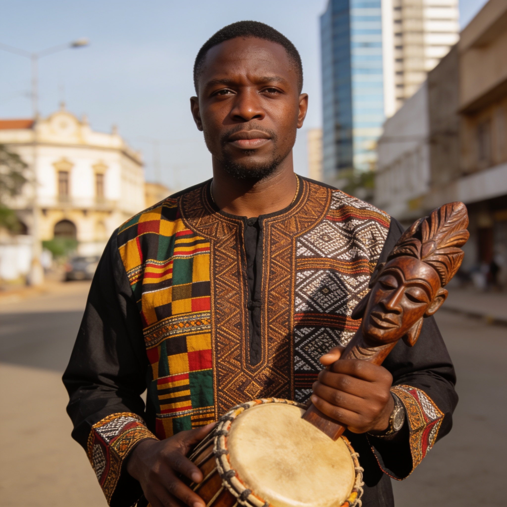 Create an editorial news illustration for an article about 'Edwin Congo : L’artiste aux mille talents qui fait rayonner la culture congolaise au-delà des frontières'. The specific country is Republique of Congo (Brazzaville) (CG); make visual cues ac