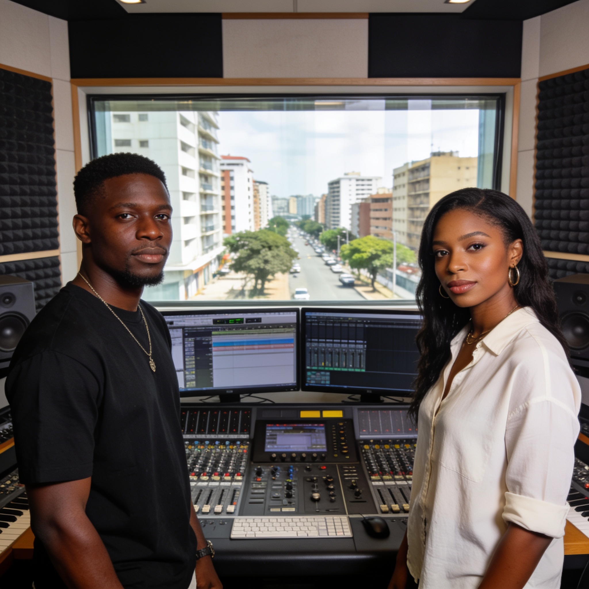 Create an editorial news illustration for an article about 'Extra Musica N H et Samantha Love : les nouvelles pépites de Bebert Etou Prod'. The specific country is Republique of Congo (Brazzaville) (CG); make visual cues accurate to this exact countr