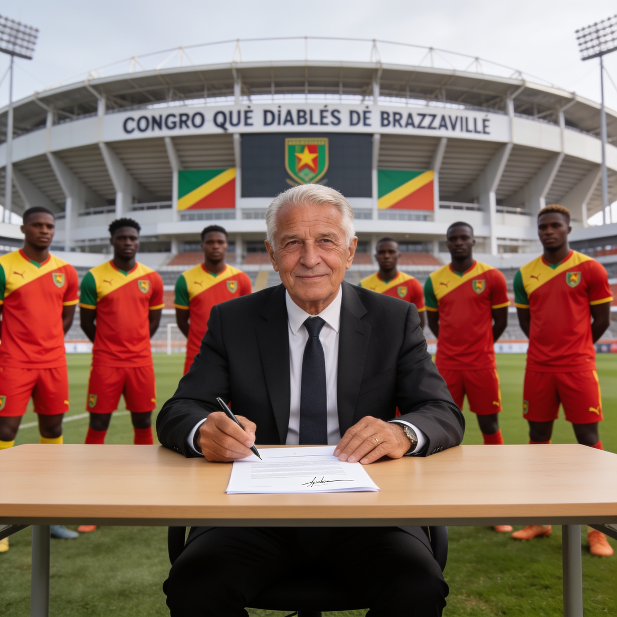 Create an editorial news illustration for an article about 'Football : Claude Le Roy signe pour deux ans et promet la CAN 2027 aux Diables Rouges'. The specific country is Republique of Congo (Brazzaville) (CG); make visual cues accurate to this exac