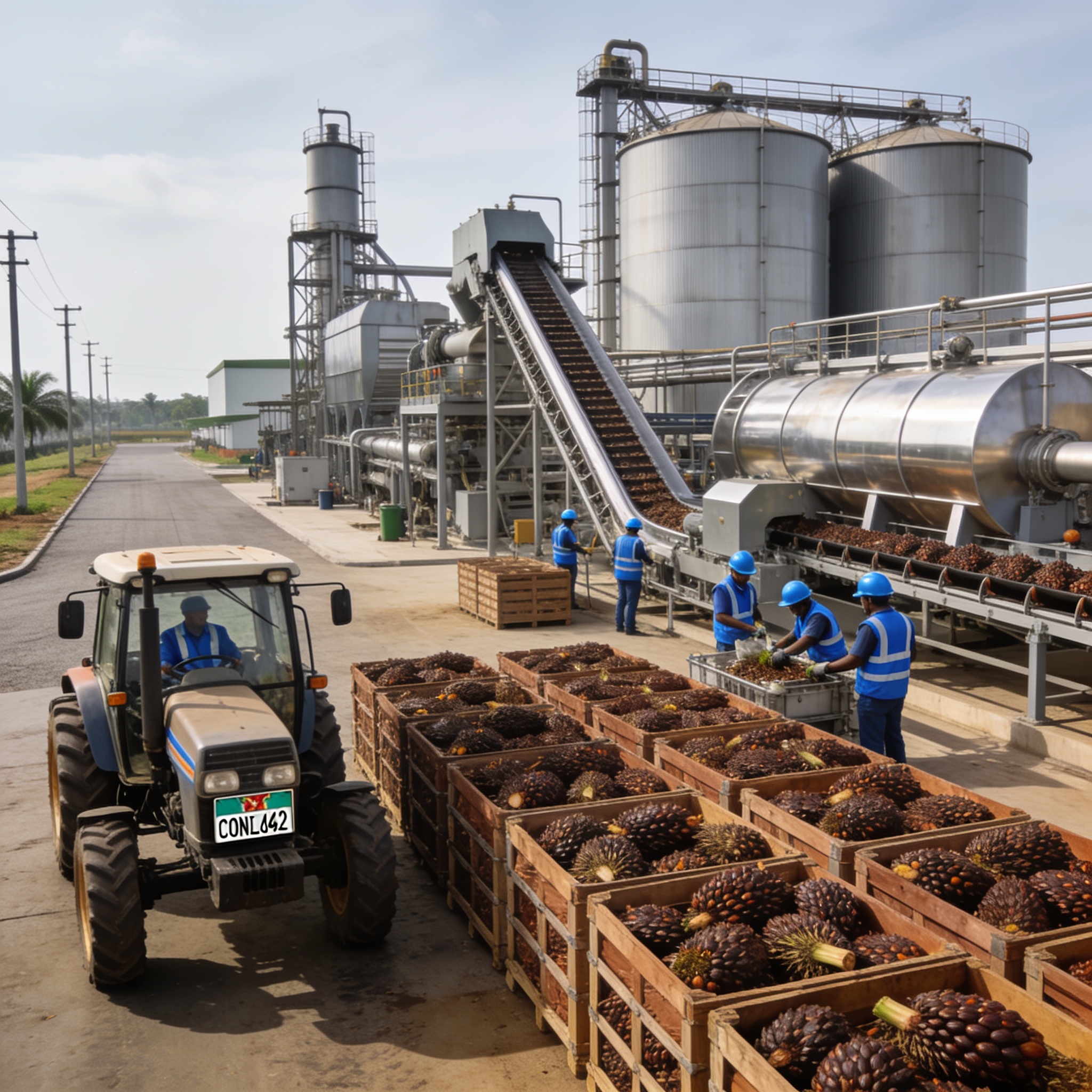 Create an editorial news illustration for an article about 'Gouvernement Makosso : l’agro-industrie et l’industrie au cœur des priorités nationales'. The specific country is Republique of Congo (Brazzaville) (CG); make visual cues accurate to this ex