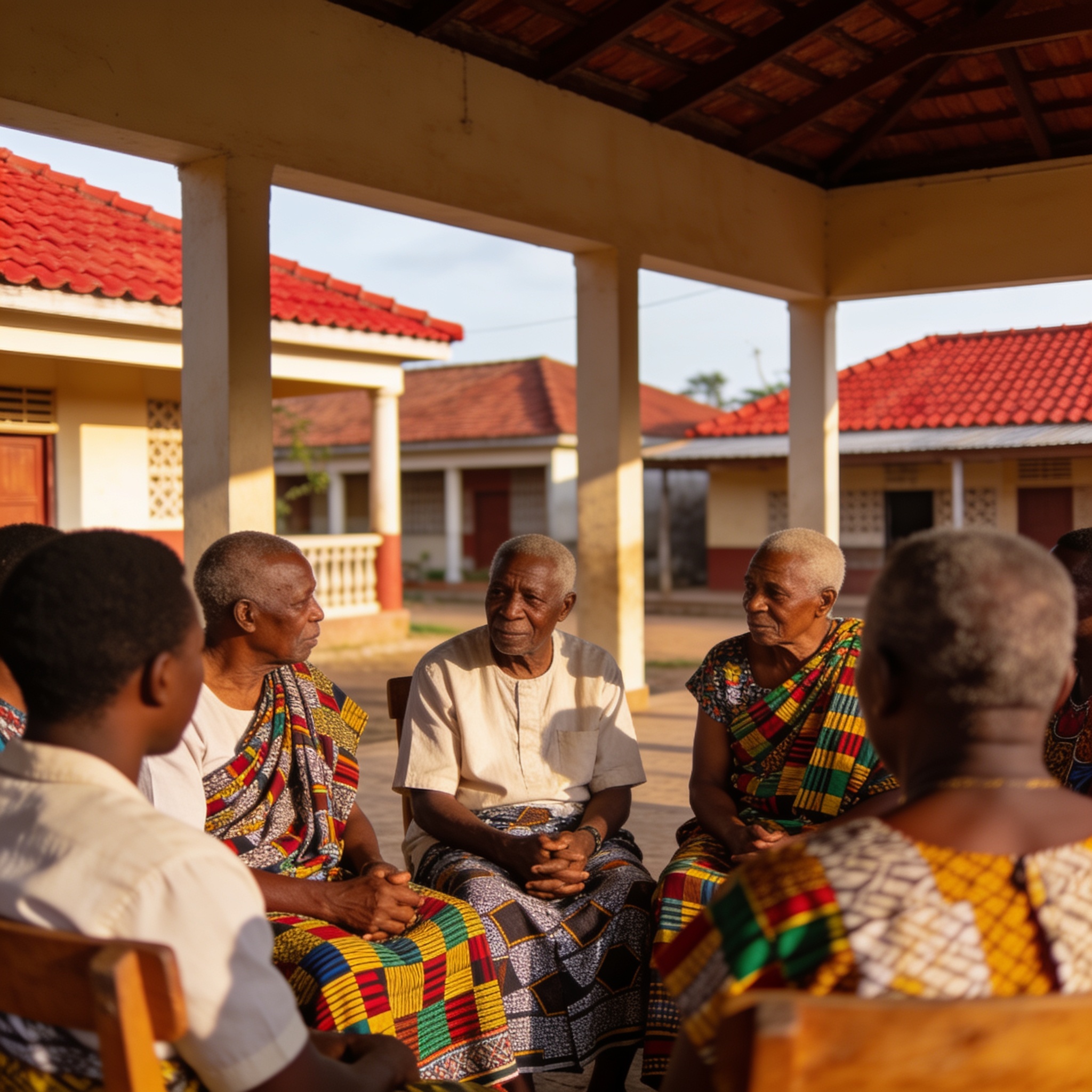 Create an editorial news illustration for an article about 'Journée mondiale contre la maltraitance des aînés : quel engagement au Congo ?'. The specific country is Republique of Congo (Brazzaville) (CG); make visual cues accurate to this exact count
