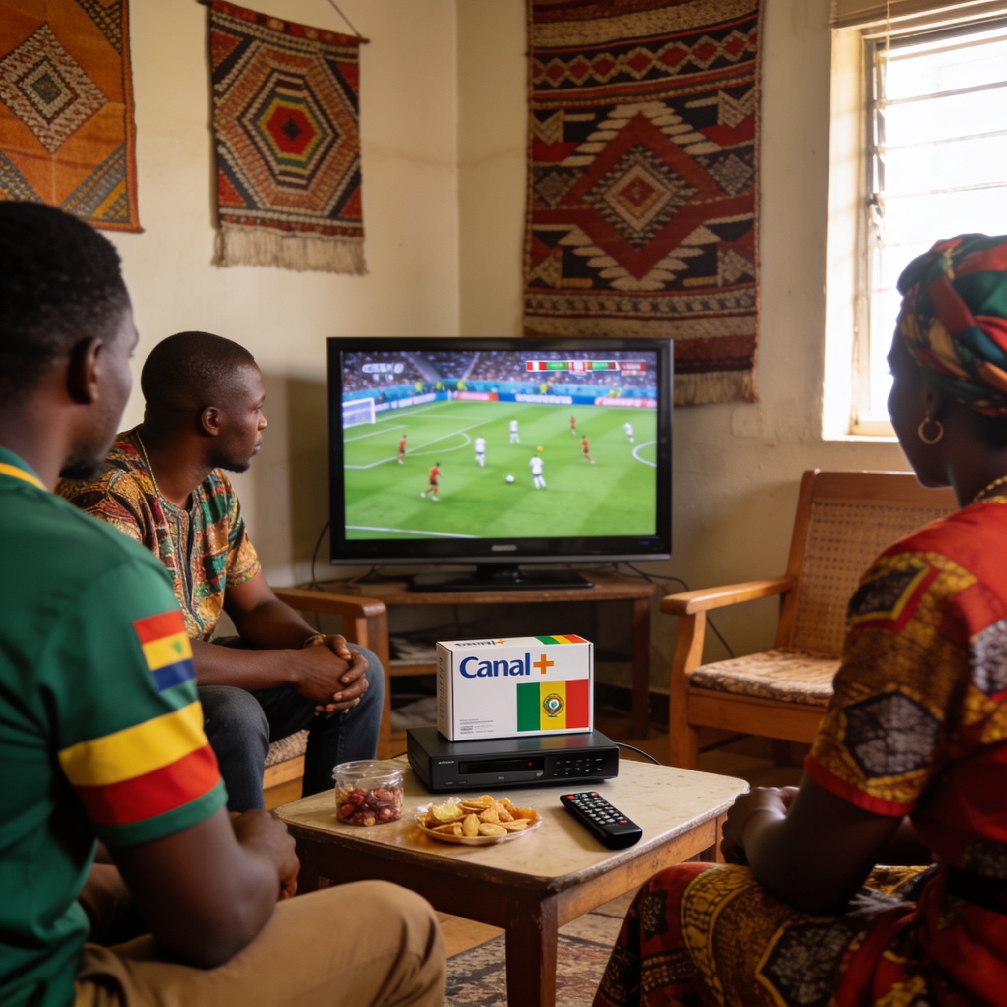 Create an editorial news illustration for an article about 'Kinkala : Des kits Canal+ offerts pour vivre la Coupe du monde ensemble'. The specific country is Republique of Congo (Brazzaville) (CG); make visual cues accurate to this exact country and