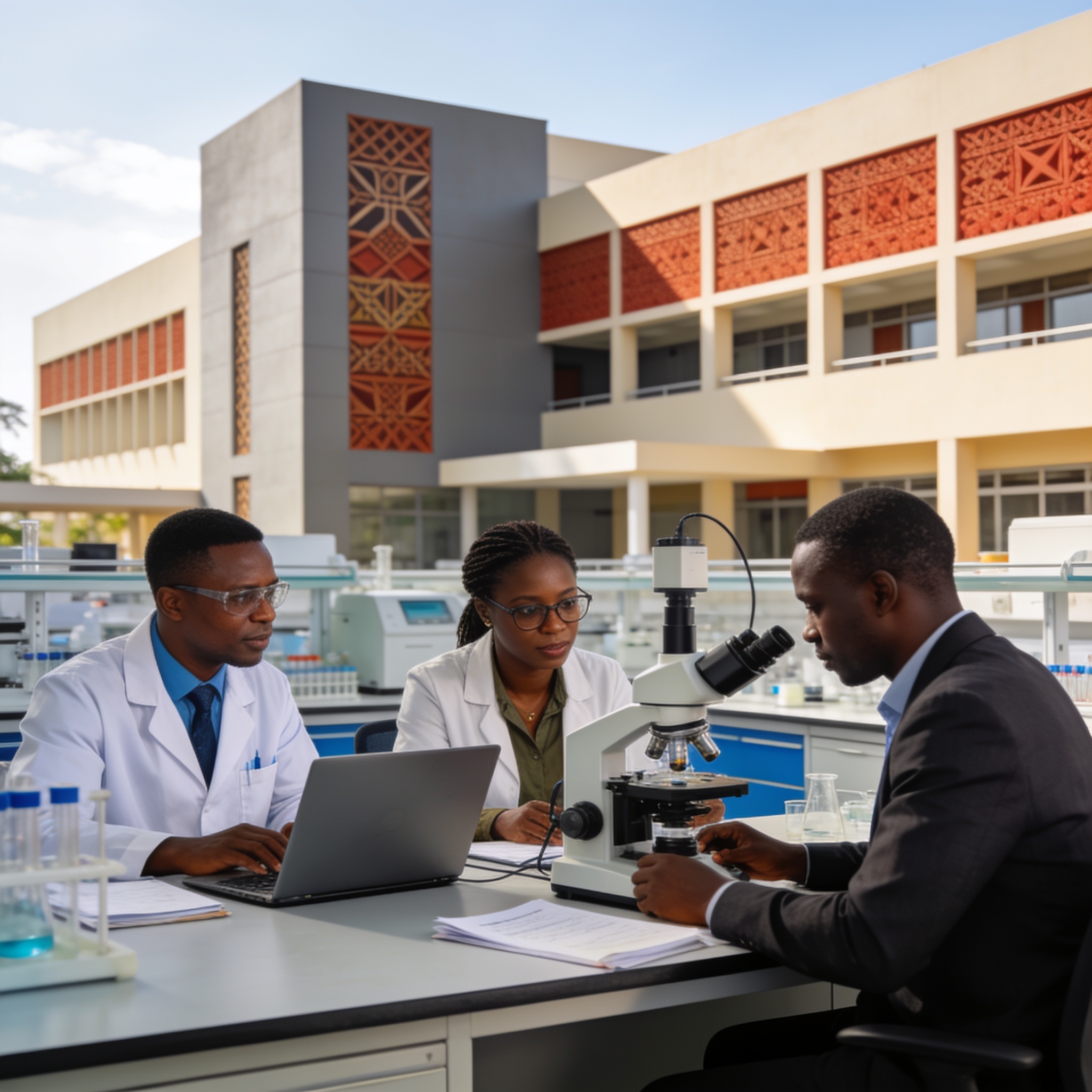 Create an editorial news illustration for an article about 'Kintélé : L’Université Denis Sassou-N’Guesso outille ses chercheurs pour attirer les financements'. The specific country is Republique of Congo (Brazzaville) (CG); make visual cues accurate