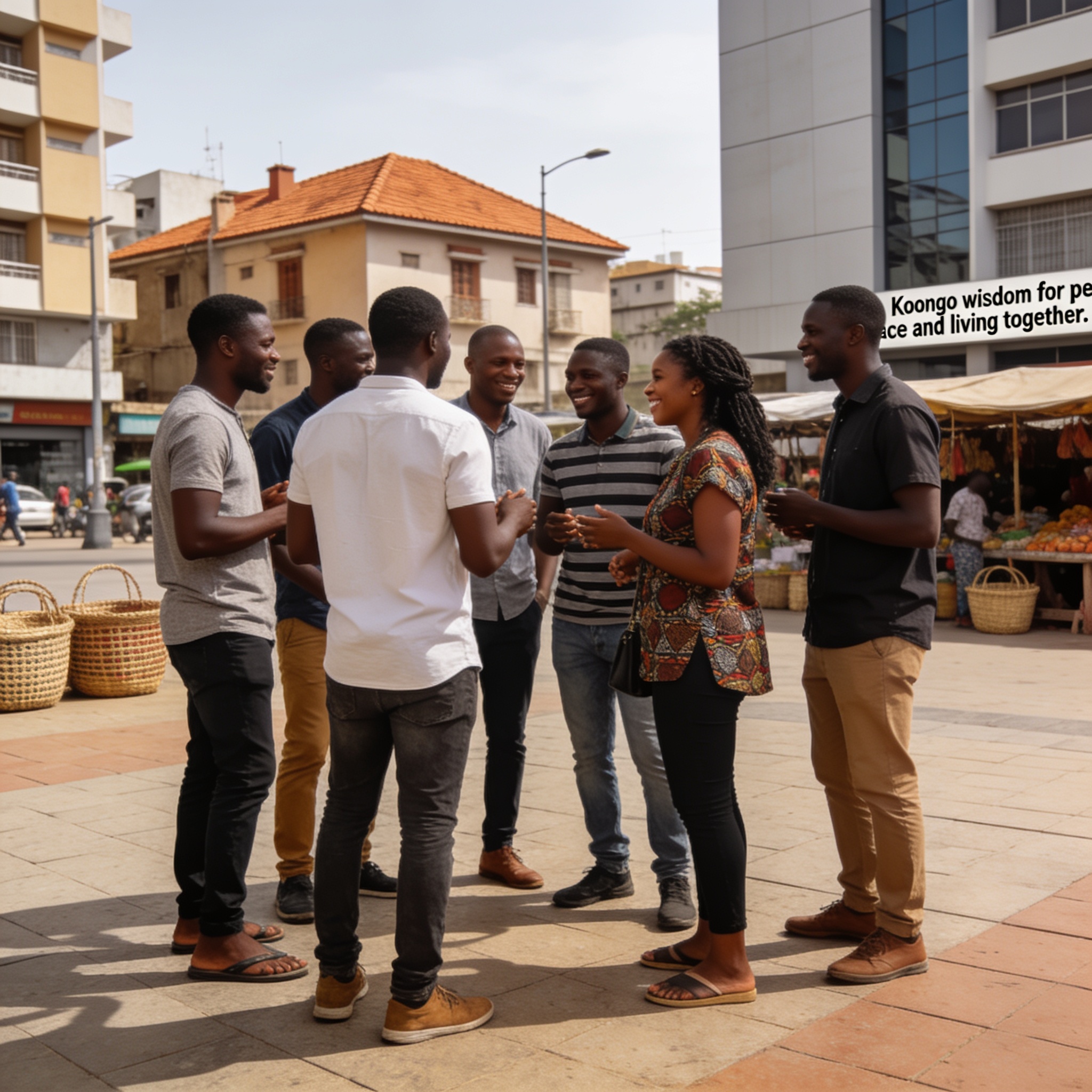 Create an editorial news illustration for an article about 'La sagesse koongo au secours de la paix au Congo : le bonheur des autres comme clé du vivre-ensemble'. The specific country is Republique of Congo (Brazzaville) (CG); make visual cues accura