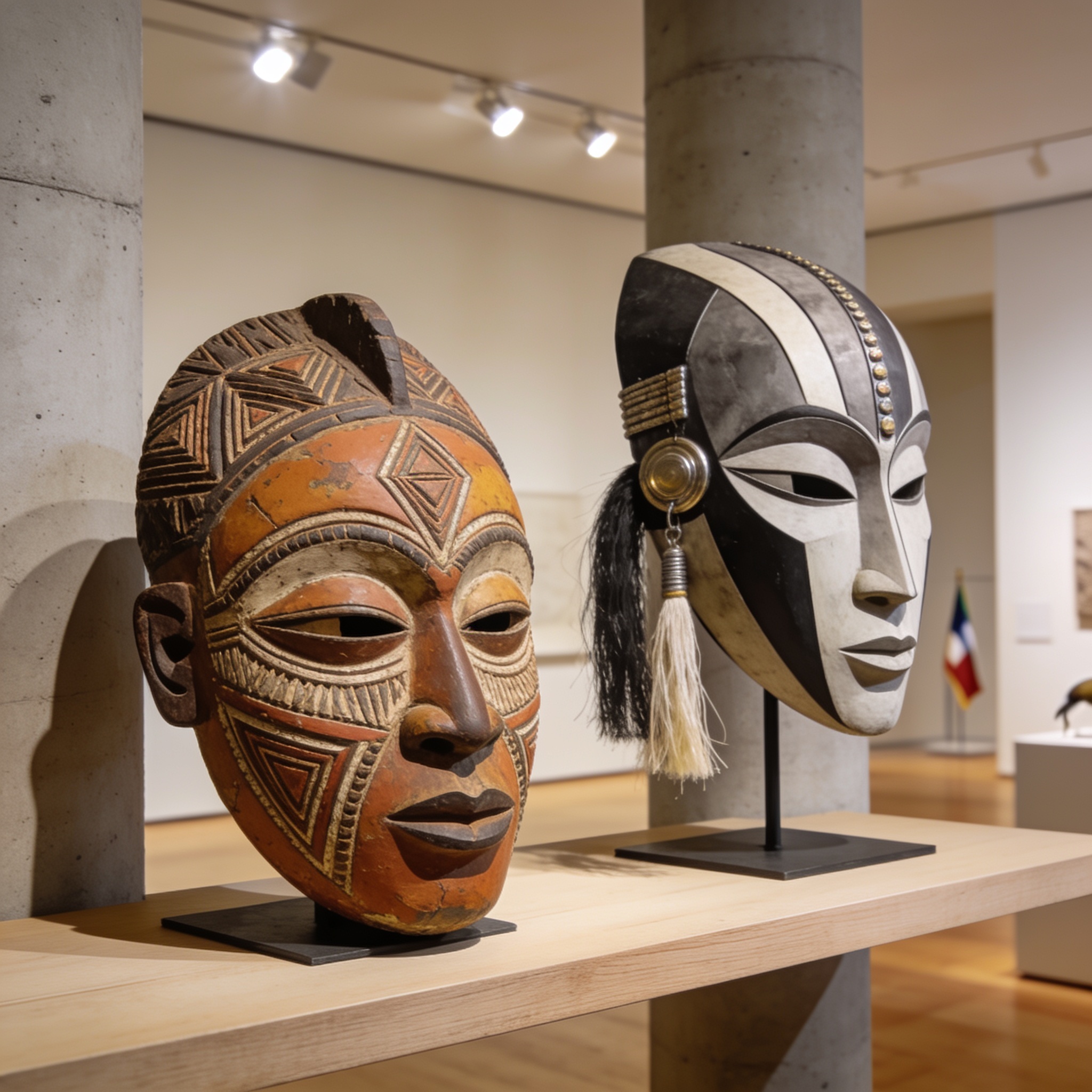 Create an editorial news illustration for an article about 'Le masque congolais, entre tradition ancestrale et art contemporain'. The specific country is Republique of Congo (Brazzaville) (CG); make visual cues accurate to this exact country and avoi