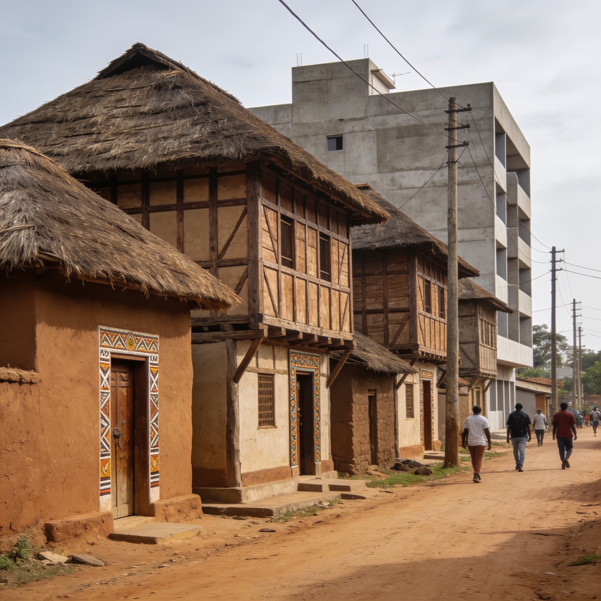 Create an editorial news illustration for an article about 'Les maisons traditionnelles du Congo : un héritage vivant face aux défis de la modernité'. The specific country is Republique of Congo (Brazzaville) (CG); make visual cues accurate to this e