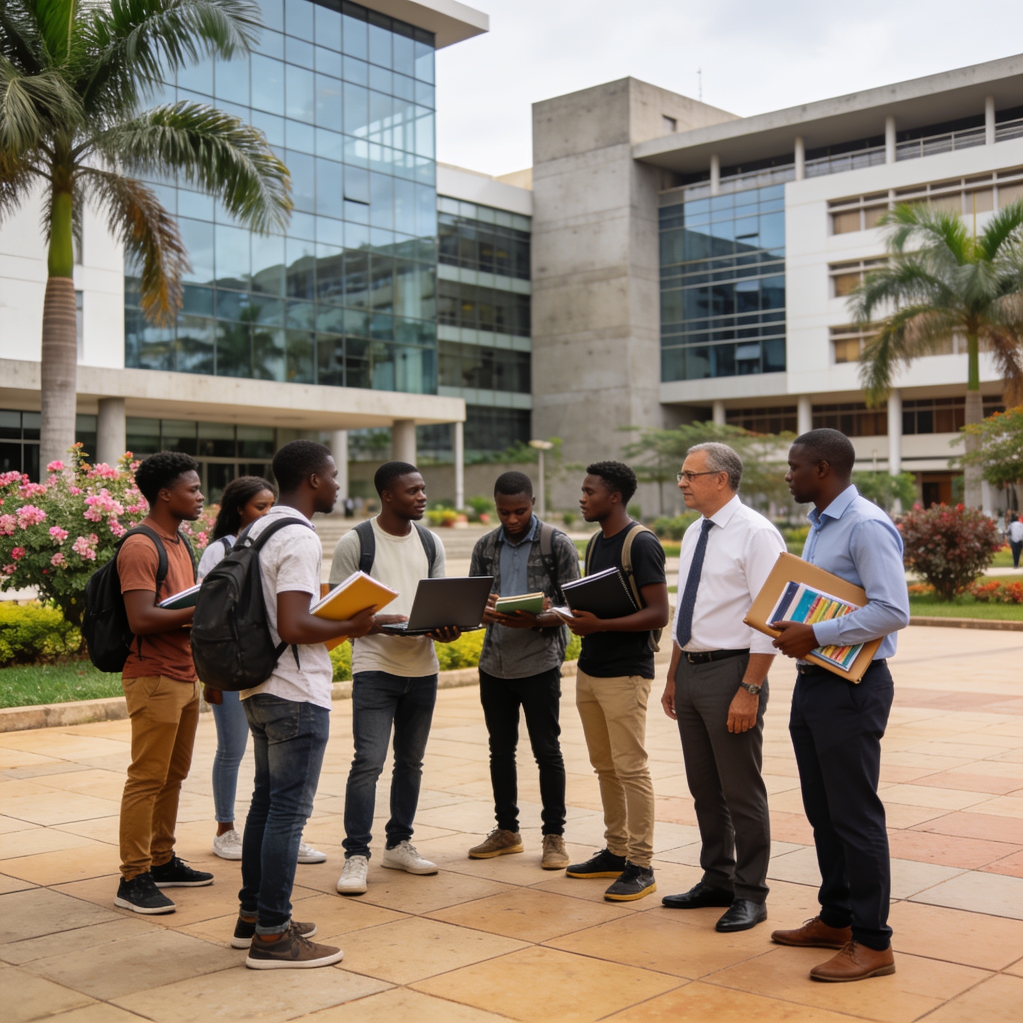 Create an editorial news illustration for an article about 'L’IGDE lance trois nouveaux masters pour l’année académique 2026-2027'. The specific country is Republique of Congo (Brazzaville) (CG); make visual cues accurate to this exact country and av