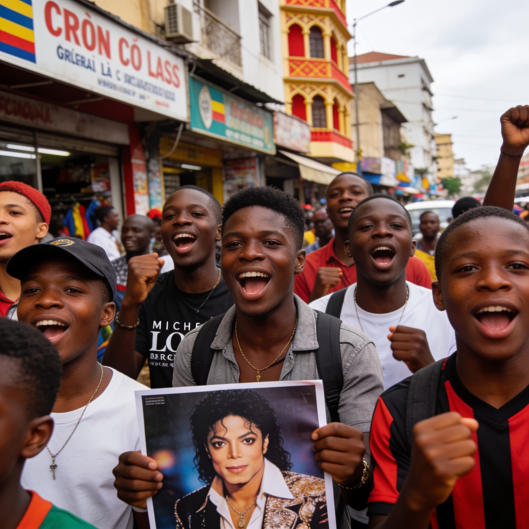 Create an editorial news illustration for an article about 'Michael Jackson en 2026 : les trésors cachés de son répertoire enflamment les fans congolais'. The specific country is Republique of Congo (Brazzaville) (CG); make visual cues accurate to th