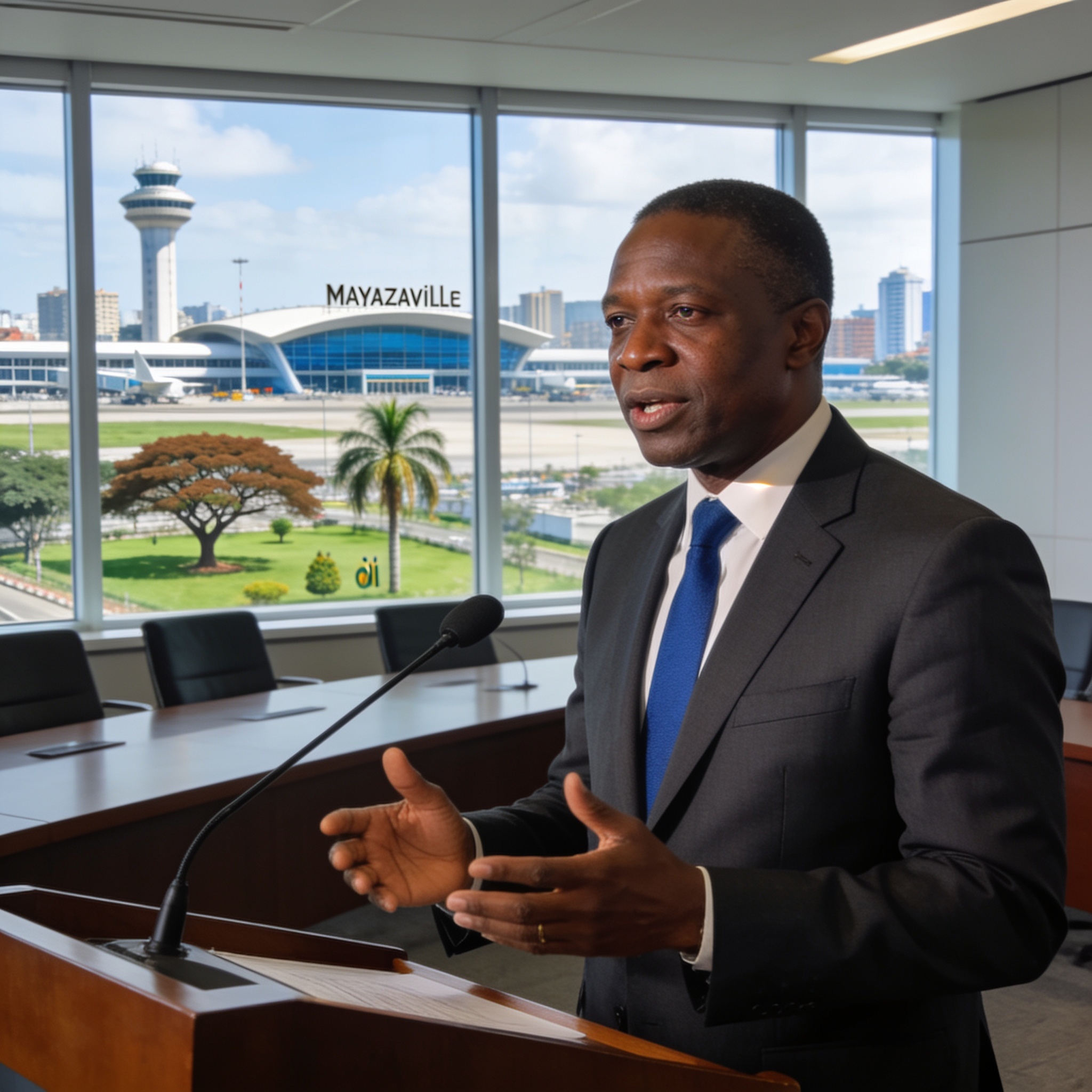 Create an editorial news illustration for an article about 'Michel Innocent Peya promeut la vision écologique du Congo devant les grands de ce monde'. The specific country is Republique of Congo (Brazzaville) (CG); make visual cues accurate to this e