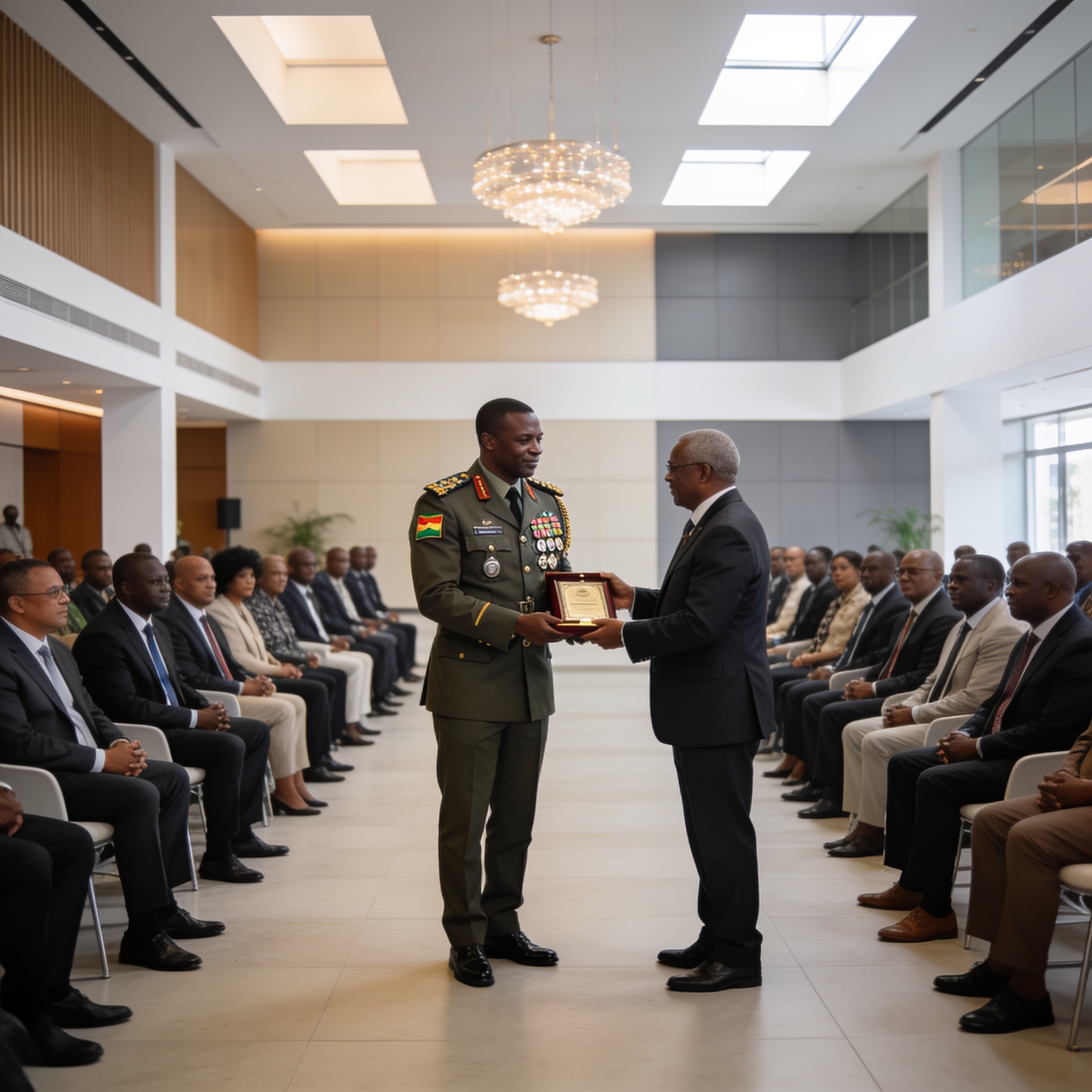 Create an editorial news illustration for an article about 'Paris célèbre l’engagement public : le Colonel Major Michel Innocent Peya honoré aux Lumières du Congo 2026'. The specific country is Republique of Congo (Brazzaville) (CG); make visual cues