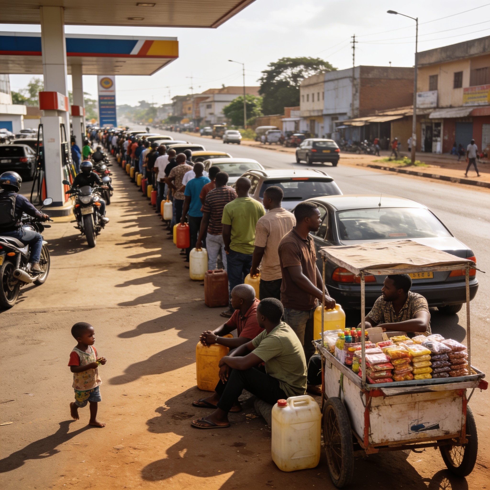 Create an editorial news illustration for an article about 'Pénurie de carburant à Brazzaville : les files d’attente deviennent des lieux de vie'. The specific country is Republique of Congo (Brazzaville) (CG); make visual cues accurate to this exact