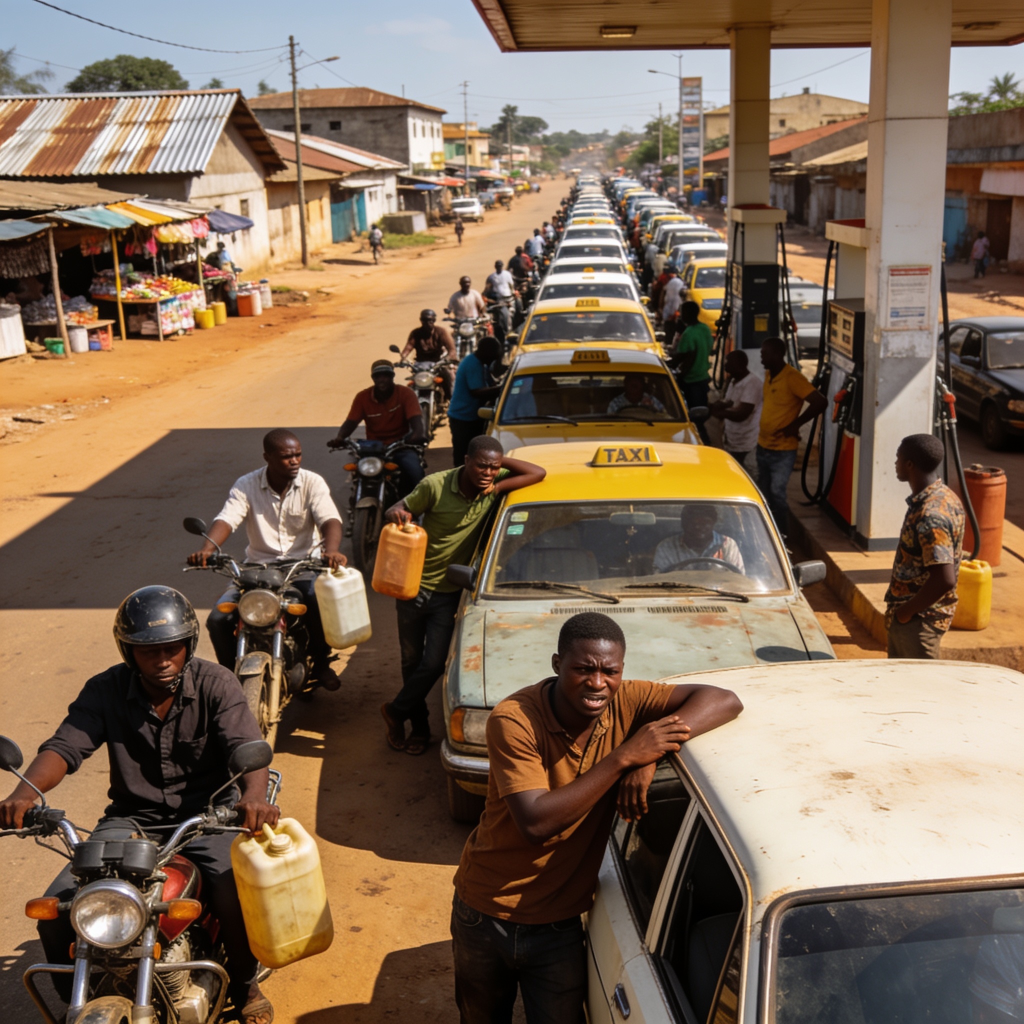 Create an editorial news illustration for an article about 'Pénurie de carburant à Brazzaville : quand le plein devient un parcours du combattant'. The specific country is Republique of Congo (Brazzaville) (CG); make visual cues accurate to this exac