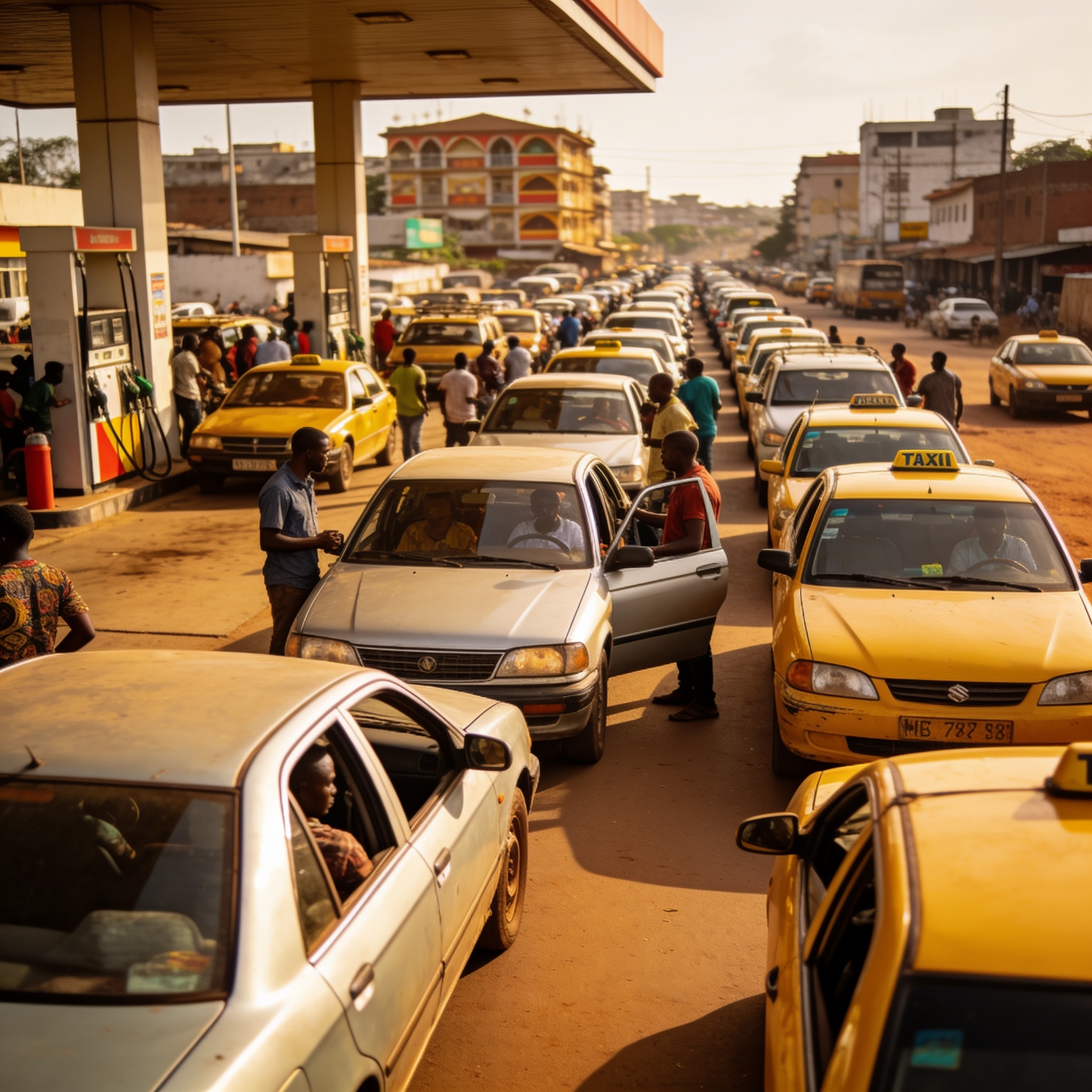 Create an editorial news illustration for an article about "Pénurie d'essence à Brazzaville : les automobilistes à bout, le CEPE débute et Pointe-Noire en scène se prépare". The specific country is Republique of Congo (Brazzaville) (CG); make visual