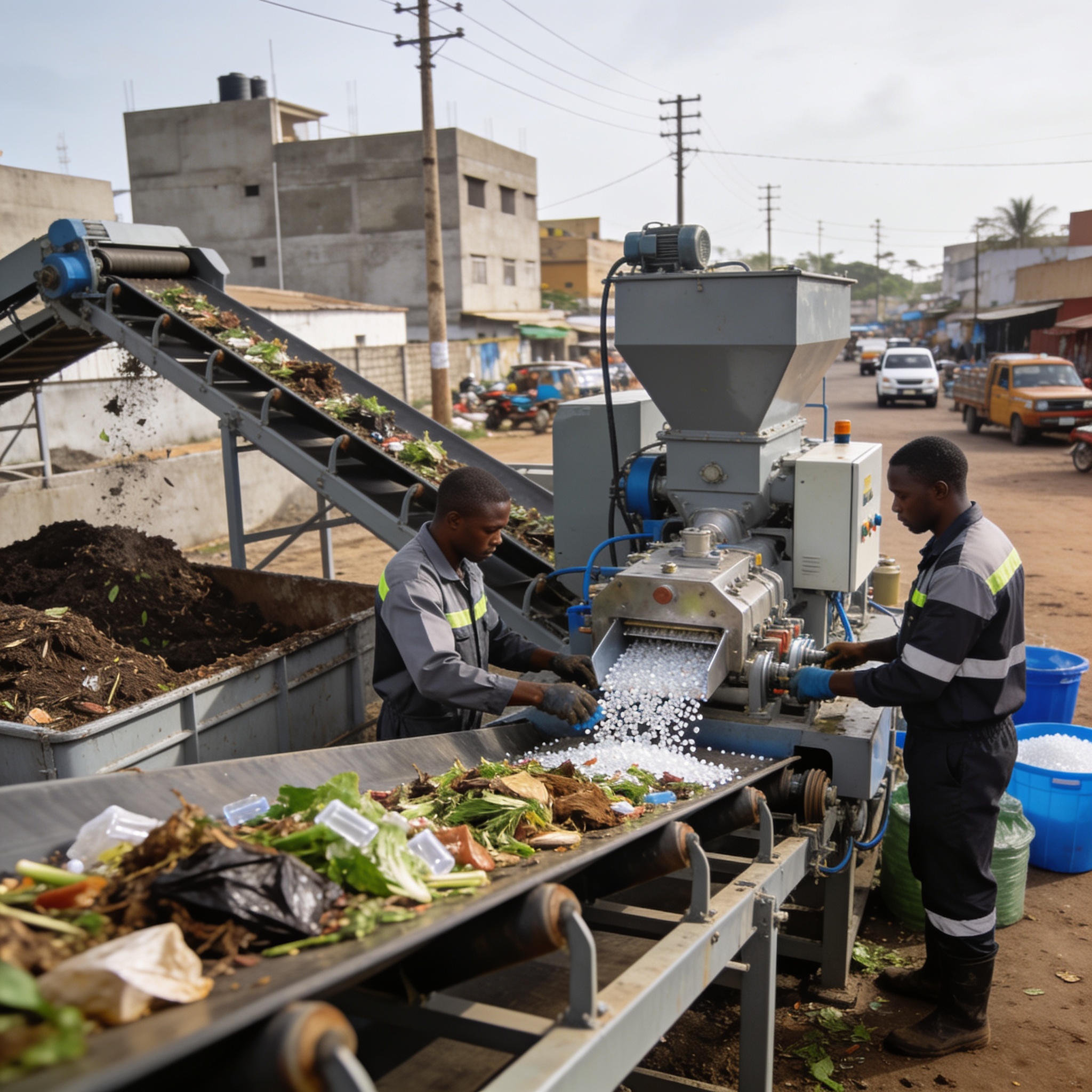 Create an editorial news illustration for an article about 'Pointe-Noire : La transformation des biodéchets en plastique recyclé, un pas vers l’économie circulaire'. The specific country is Republique of Congo (Brazzaville) (CG); make visual cues acc