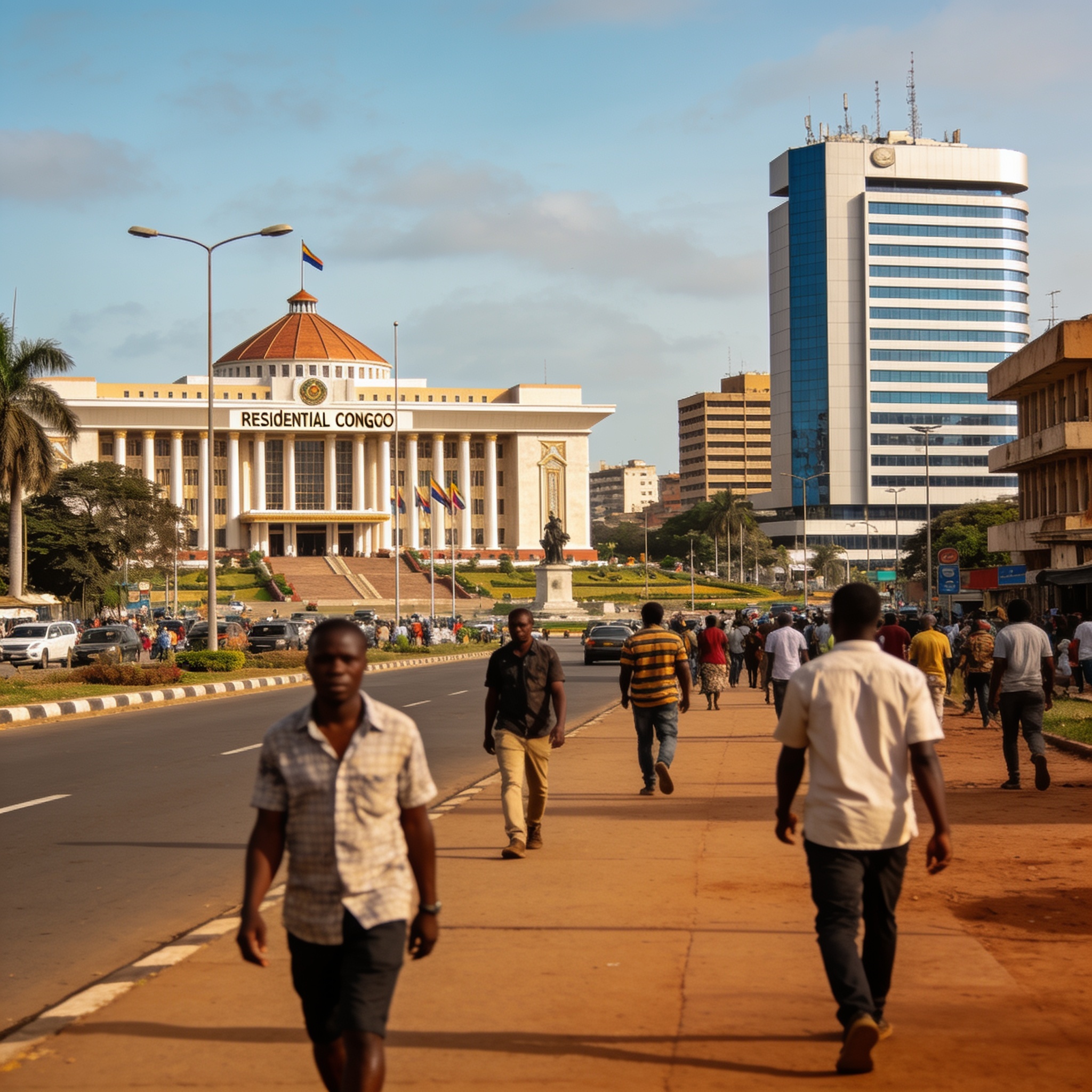 Create an editorial news illustration for an article about "Propos d'Erik Prince sur la recolonisation de l'Afrique : le Congo-Brazzaville monte au créneau". The specific country is Republique of Congo (Brazzaville) (CG); make visual cues accurate to