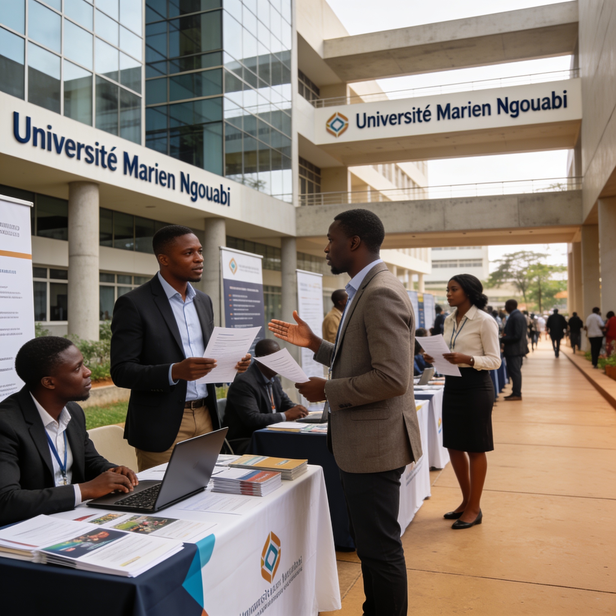 Create an editorial news illustration for an article about 'Salon de l’emploi à l’Université Marien Ngouabi : une lueur d’espoir pour les jeunes diplômés congolais'. The specific country is Republique of Congo (Brazzaville) (CG); make visual cues acc
