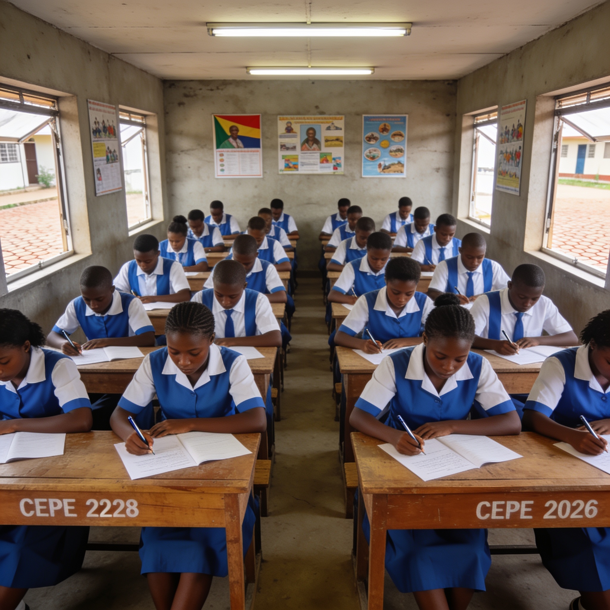 Create an editorial news illustration for an article about 'Sangha : 3268 candidats entament le CEPE 2026 dans le calme et la détermination'. The specific country is Republique of Congo (Brazzaville) (CG); make visual cues accurate to this exact coun