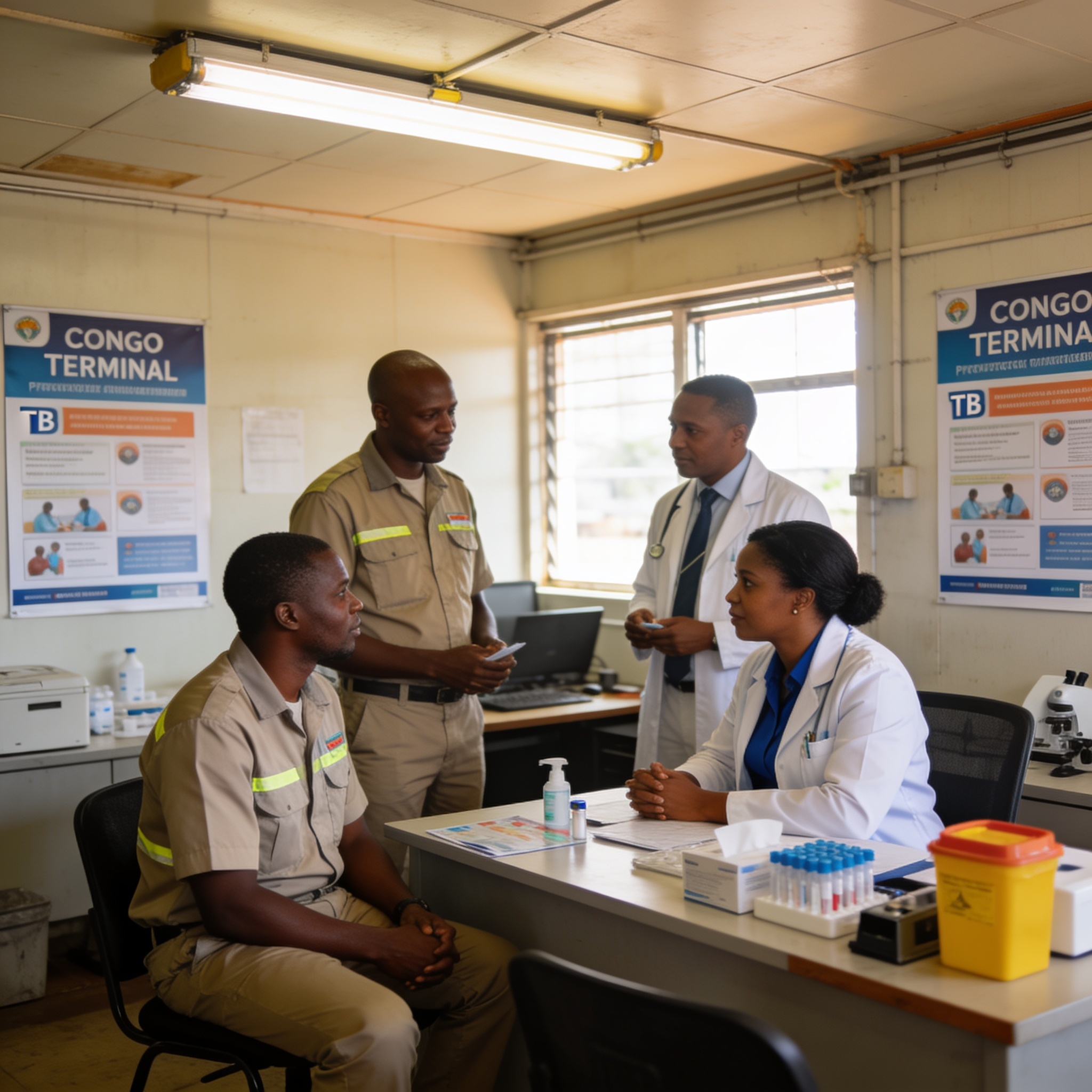 Create an editorial news illustration for an article about 'Santé au travail : Congo Terminal s’engage contre la tuberculose'. The specific country is Republique of Congo (Brazzaville) (CG); make visual cues accurate to this exact country and avoid f