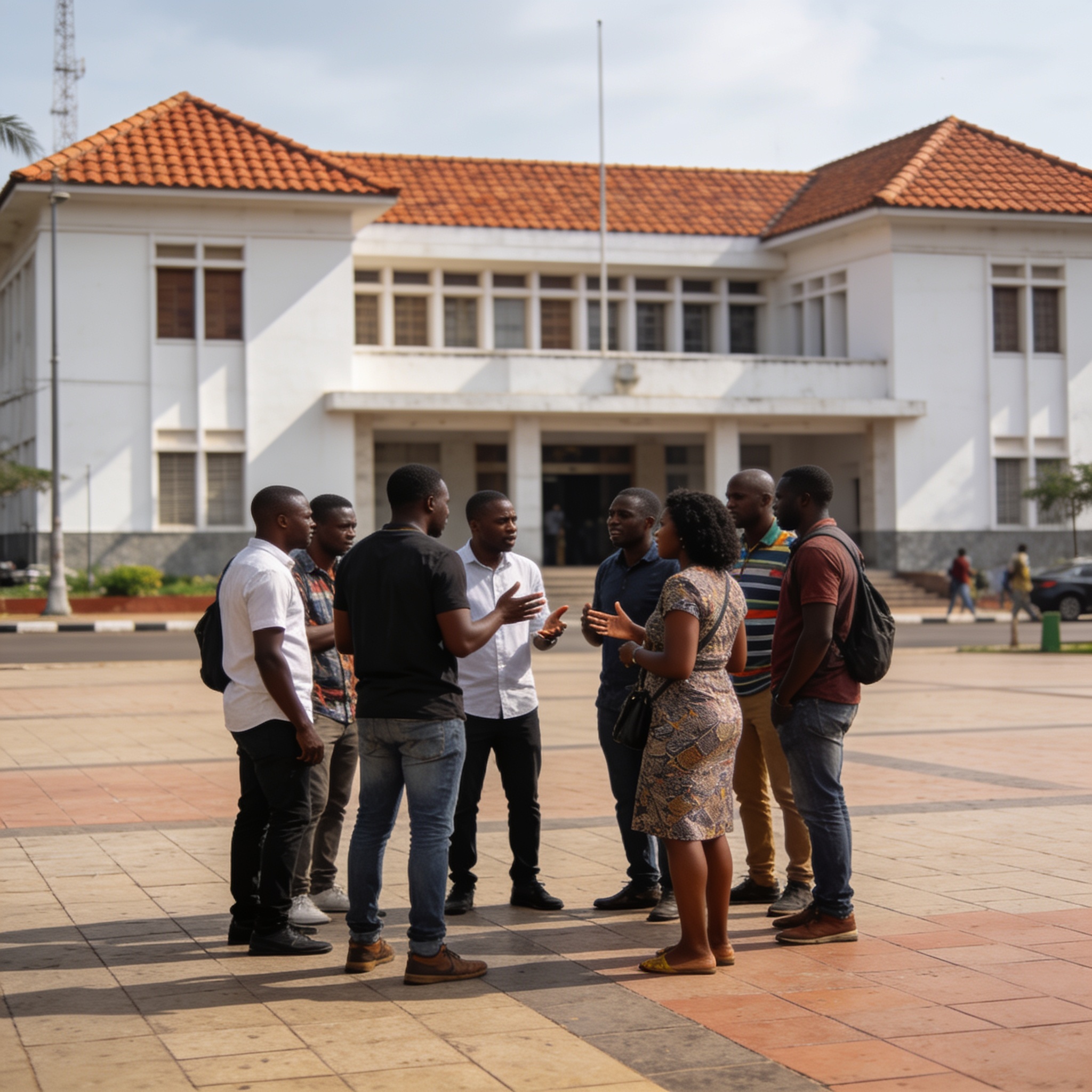 Create an editorial news illustration for an article about 'Supprimons la présidence monarchique : le débat sur le fédéralisme au Congo'. The specific country is Republique of Congo (Brazzaville) (CG); make visual cues accurate to this exact country