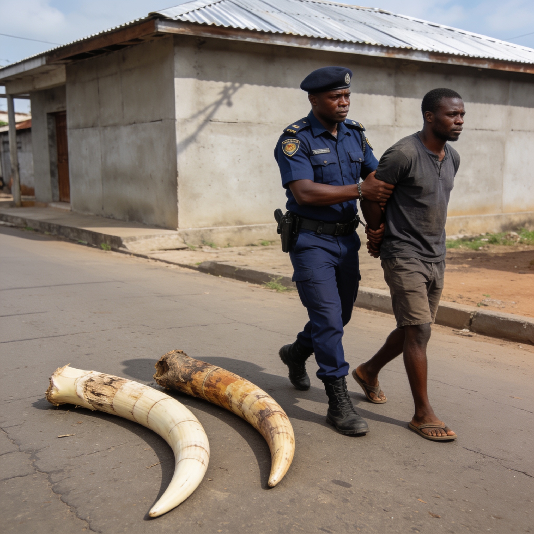 Create an editorial news illustration for an article about 'Trafic d’ivoire à Dolisie : un individu arrêté avec deux pointes, la loi congolaise se durcit'. The specific country is Republique of Congo (Brazzaville) (CG); make visual cues accurate to t