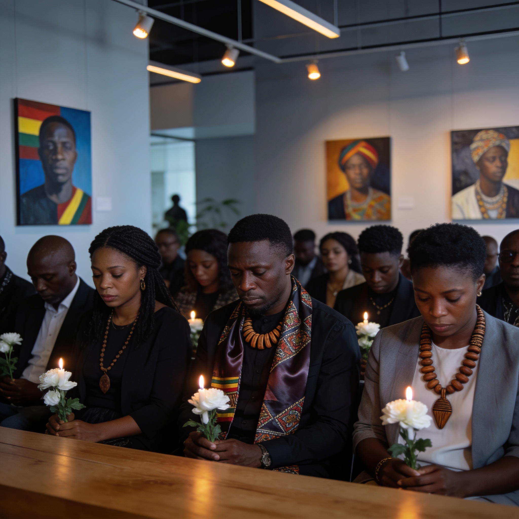 Create an editorial news illustration for an article about "Ultime hommage à l'artiste Ibara Ekourou Mboua : la scène culturelle congolaise en deuil". The specific country is Republique of Congo (Brazzaville) (CG); make visual cues accurate to this e