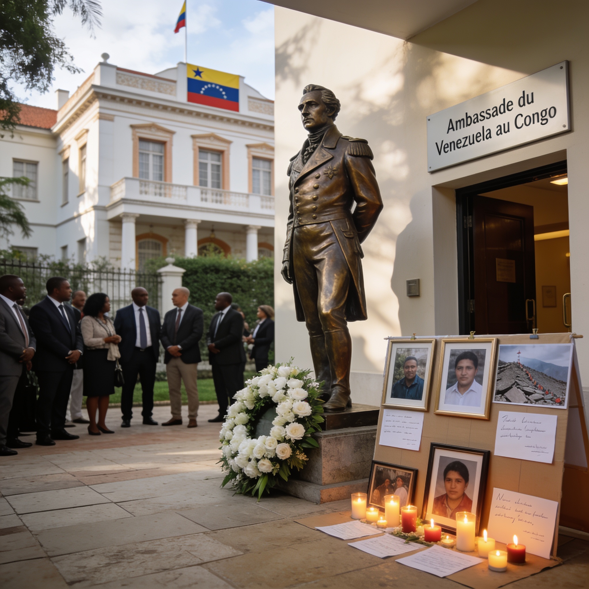 Create an editorial news illustration for an article about 'Ambassade du Venezuela au Congo : entre célébration de Bolívar et hommage aux victimes du séisme'. The specific country is Republiqe du Congo (CG); make visual cues accurate to this exact co