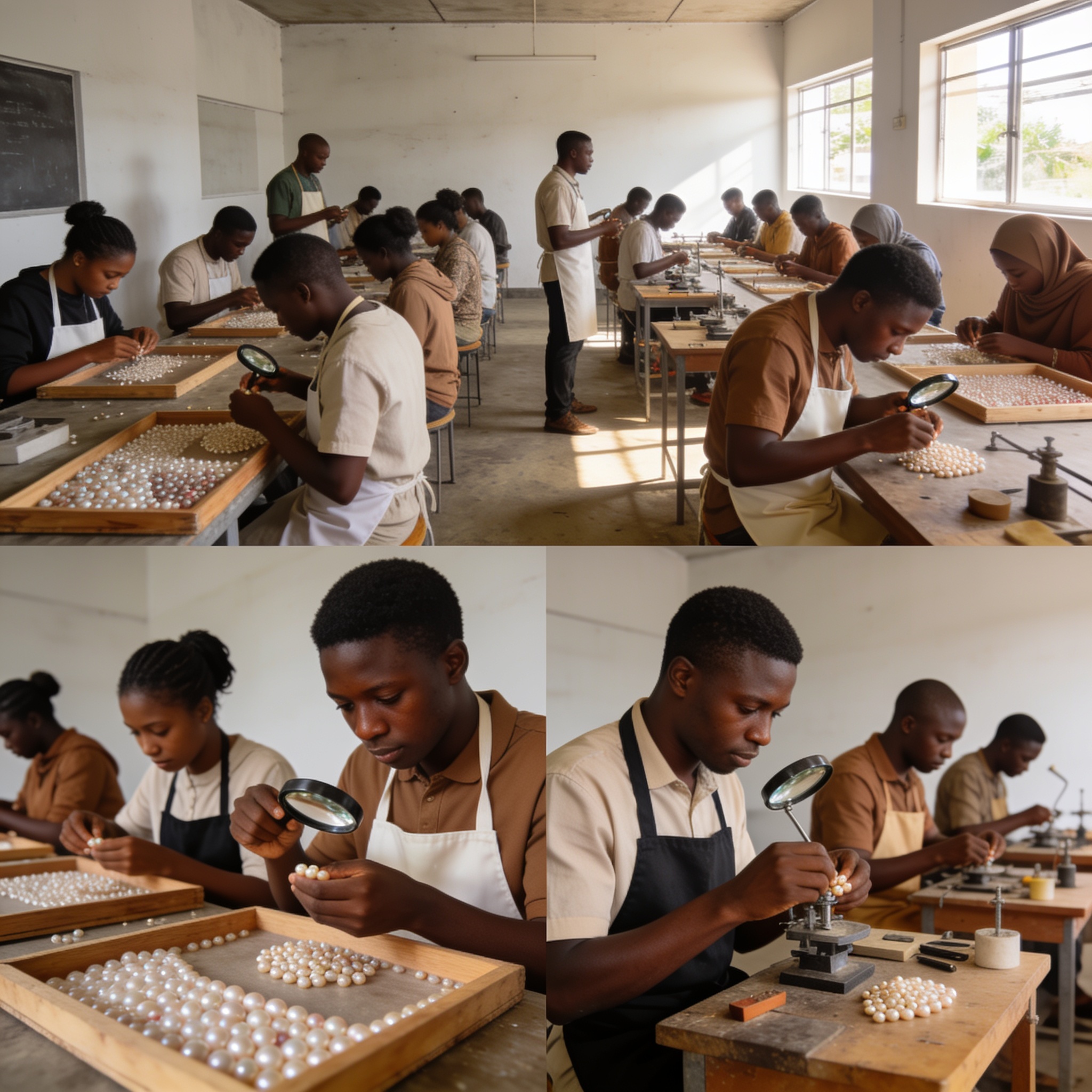 Create an editorial news illustration for an article about 'Brazzaville et Pointe-Noire : 1500 jeunes formés au perlage pour booster leur employabilité'. The specific country is Republiqe du Congo (CG); make visual cues accurate to this exact country