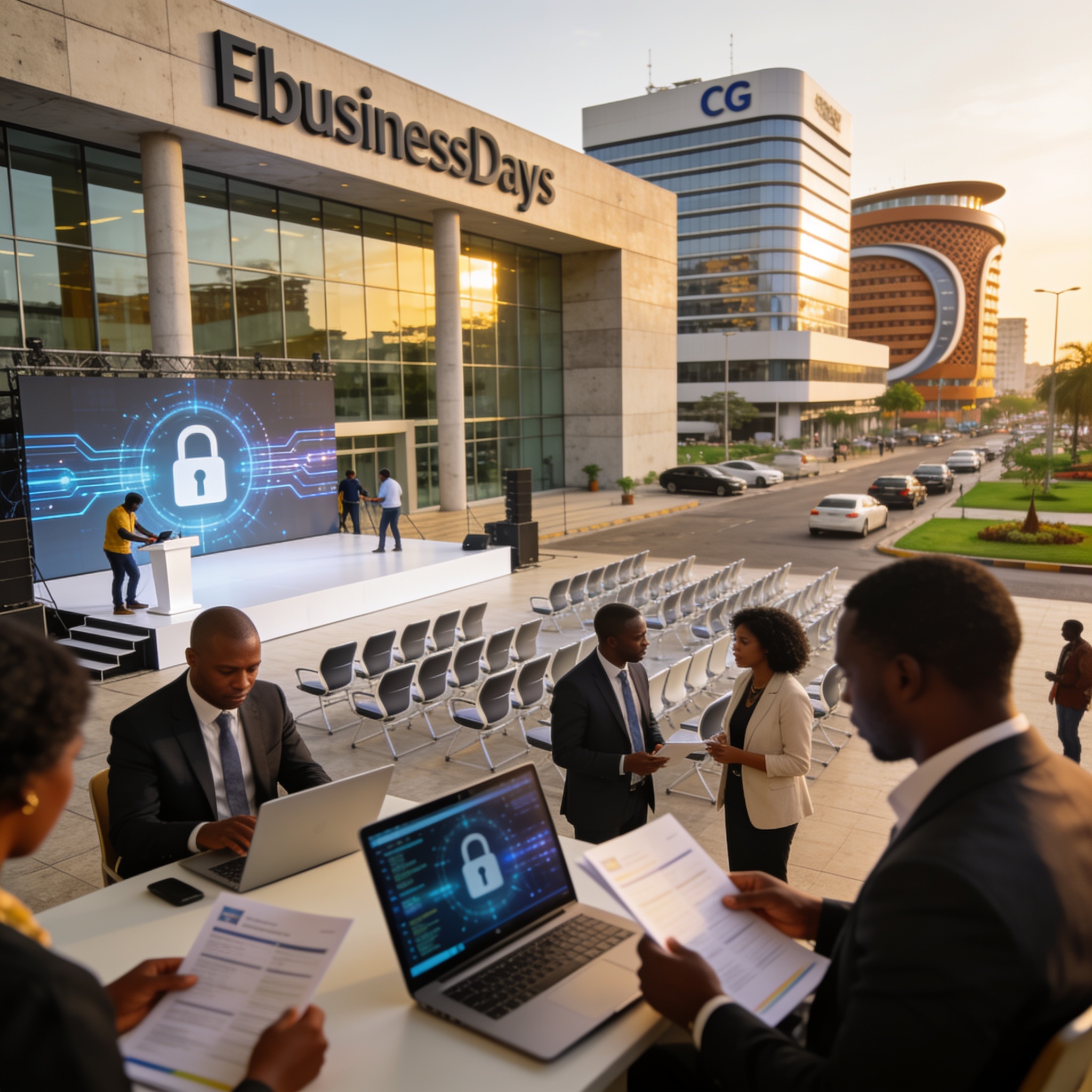 Create an editorial news illustration for an article about 'Brazzaville se prépare pour la conférence EbusinessDays : l’e-business et la cybersécurité en ligne de mire'. The specific country is Republiqe du Congo (CG); make visual cues accurate to th