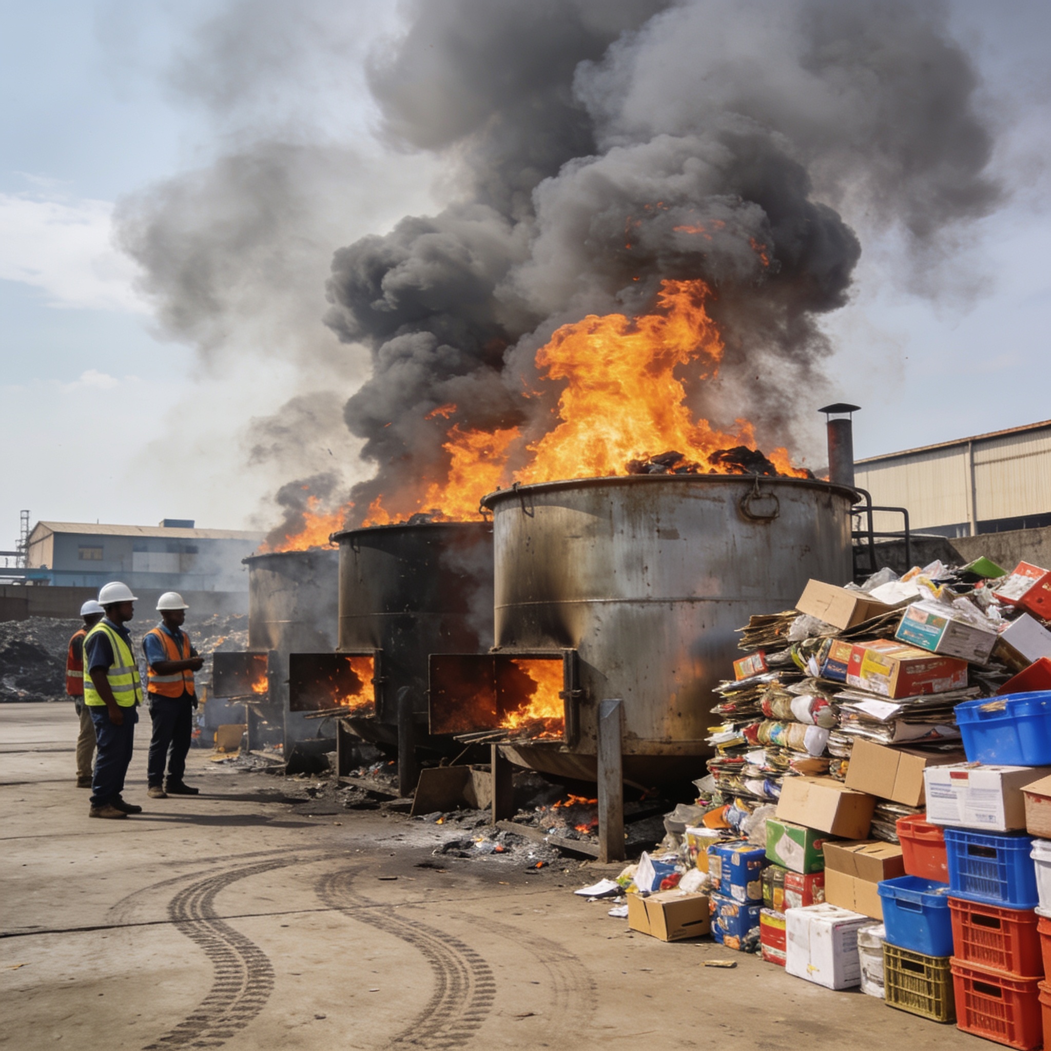 Create an editorial news illustration for an article about 'Congo : 5 tonnes de produits impropres à la consommation détruites par incinération'. The specific country is CG (CG); make visual cues accurate to this exact country and avoid flags or symb
