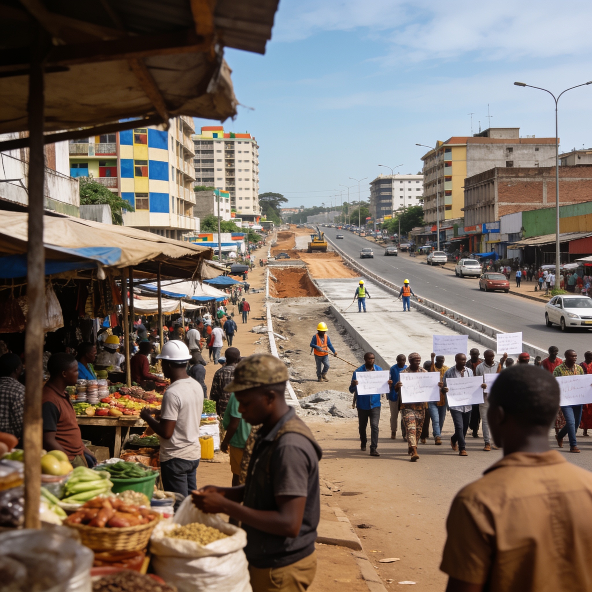 Create an editorial news illustration for an article about 'Congo-Brazzaville : reprise économique, grogne sociale et faits marquants de la semaine'. The specific country is Republiqe du Congo (CG); make visual cues accurate to this exact country and