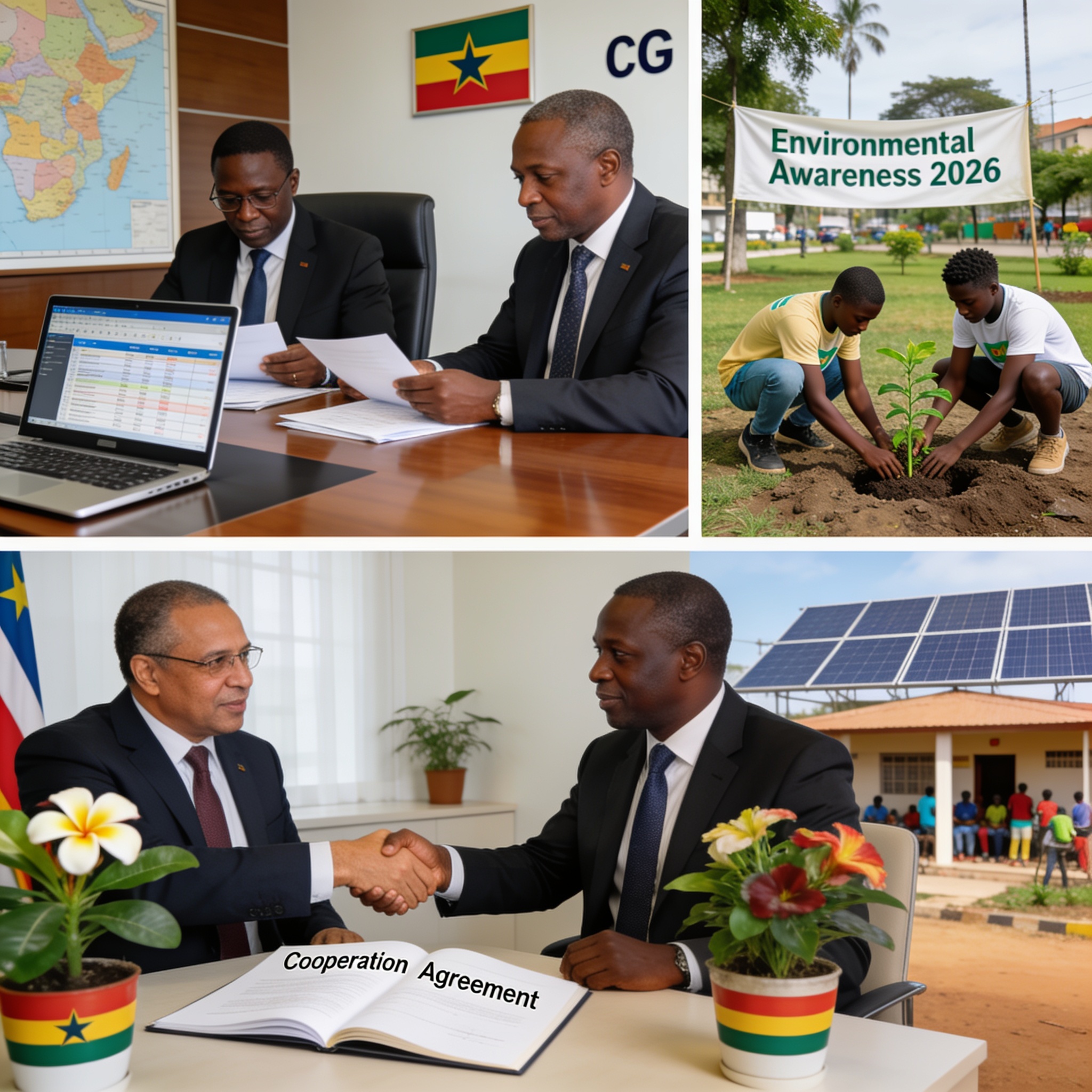 Create an editorial news illustration for an article about 'Congo : Budget rectificatif 2026, diplomatie égyptienne et sensibilisation environnementale – Actualités du 25 juillet'. The specific country is Republiqe du Congo (CG); make visual cues acc