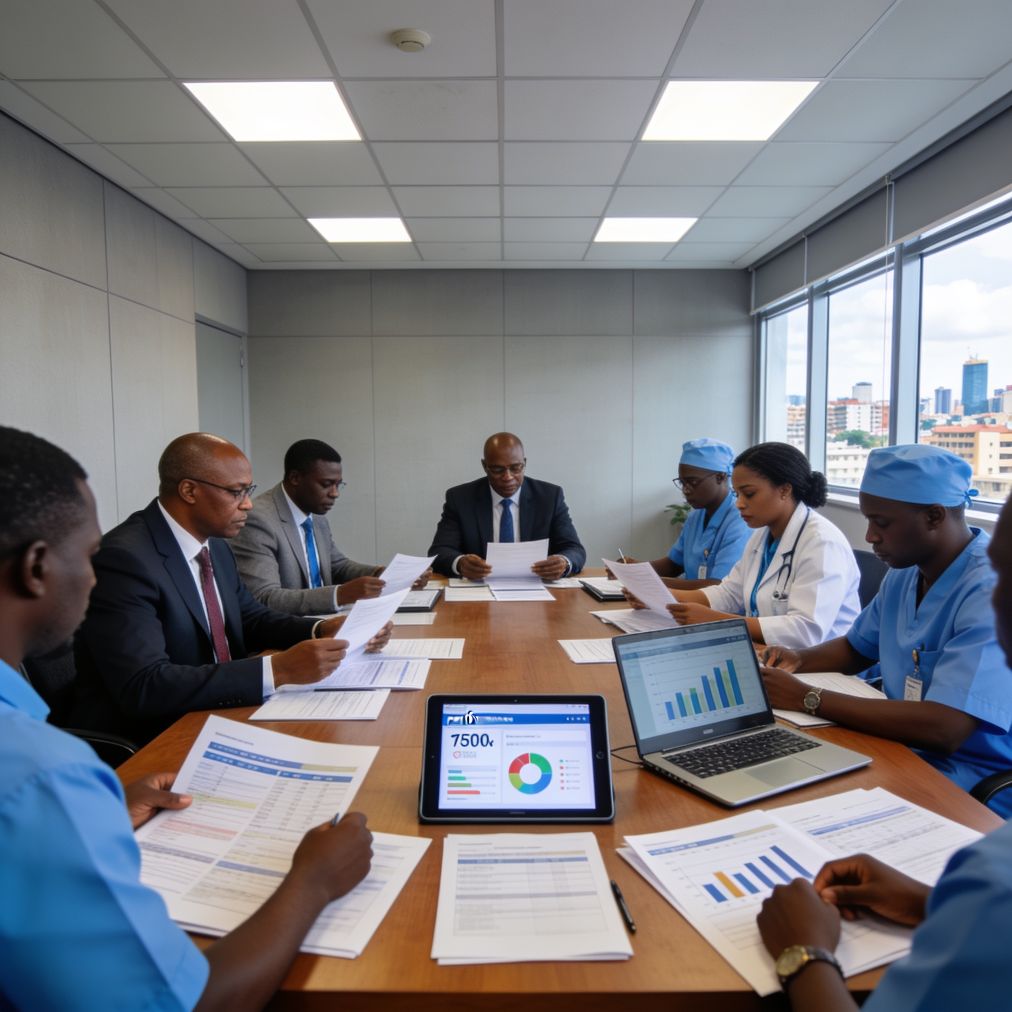 Create an editorial news illustration for an article about 'Congo – Le ministère de la Santé évalue les performances des hôpitaux à mi-parcours'. The specific country is CG (CG); make visual cues accurate to this exact country and avoid flags or symb
